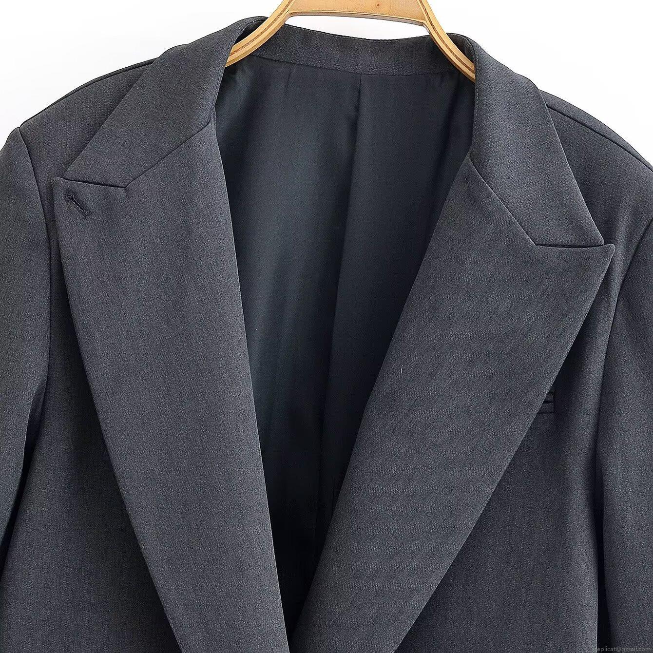 Elegant Women\'s 100% Polyester Blazer Pants Set Single Breasted Dark Grey Pinstripe Wide Leg Trousers Professional Office Business Commuter Suit