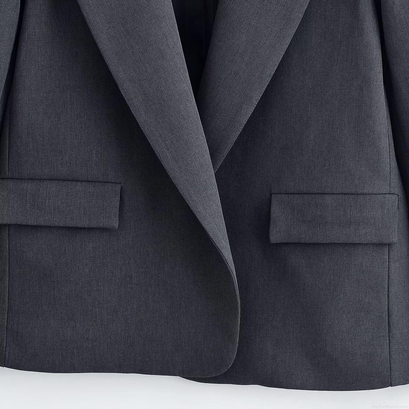 Elegant Women\'s 100% Polyester Blazer Pants Set Single Breasted Dark Grey Pinstripe Wide Leg Trousers Professional Office Business Commuter Suit