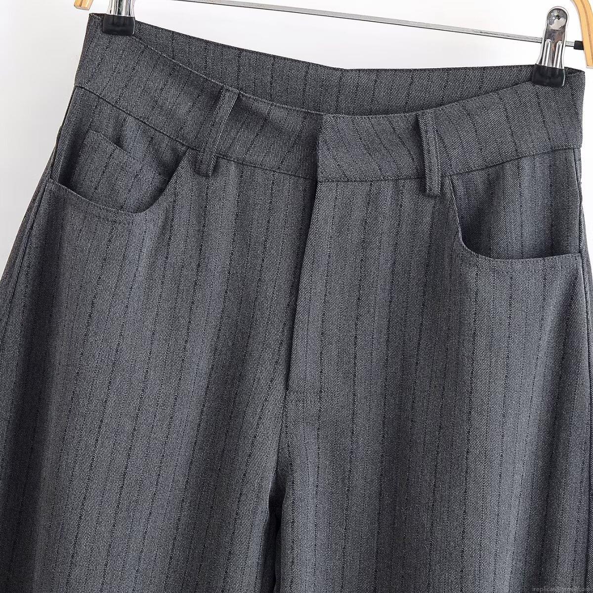 Elegant Women\'s 100% Polyester Blazer Pants Set Single Breasted Dark Grey Pinstripe Wide Leg Trousers Professional Office Business Commuter Suit