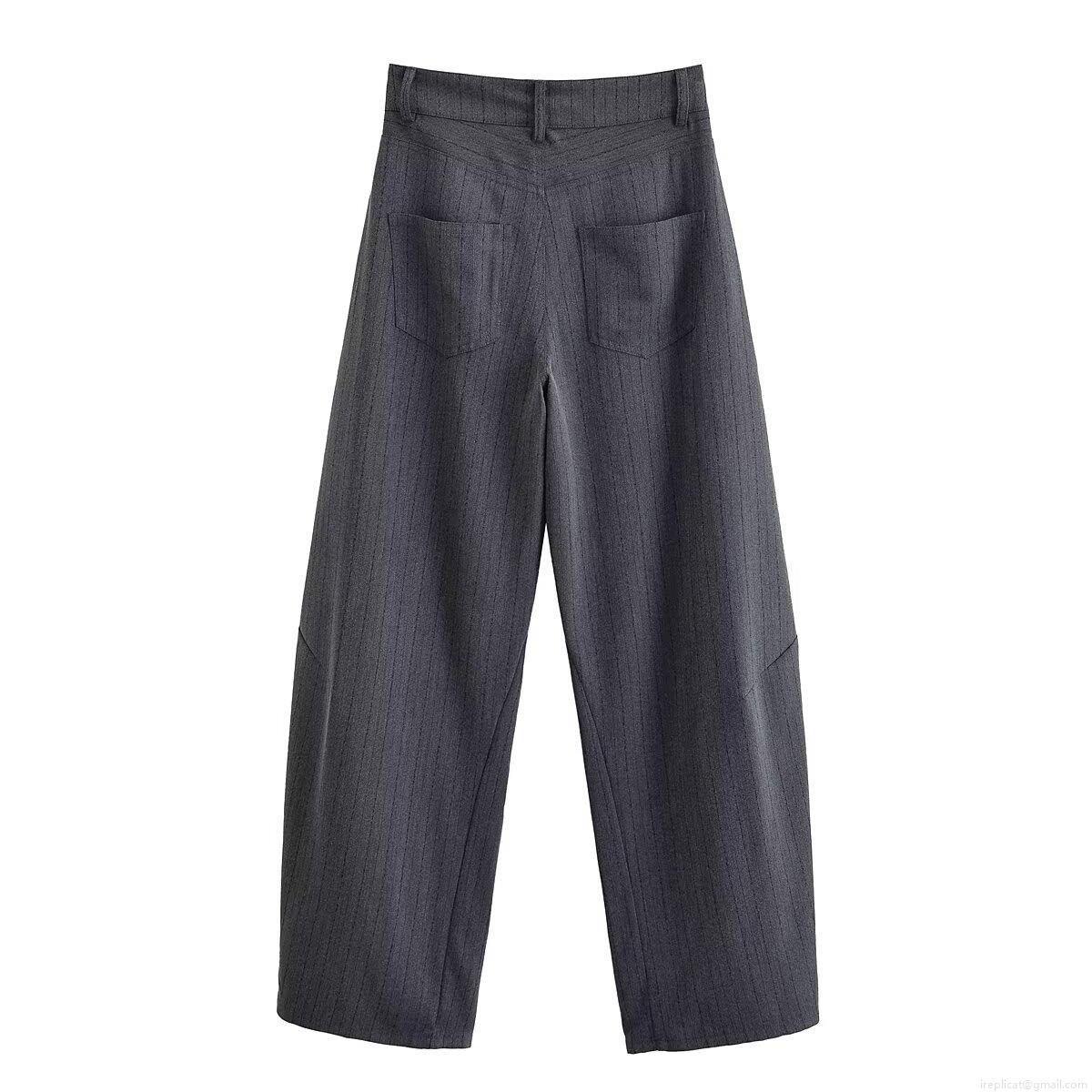 Elegant Women\'s 100% Polyester Blazer Pants Set Single Breasted Dark Grey Pinstripe Wide Leg Trousers Professional Office Business Commuter Suit