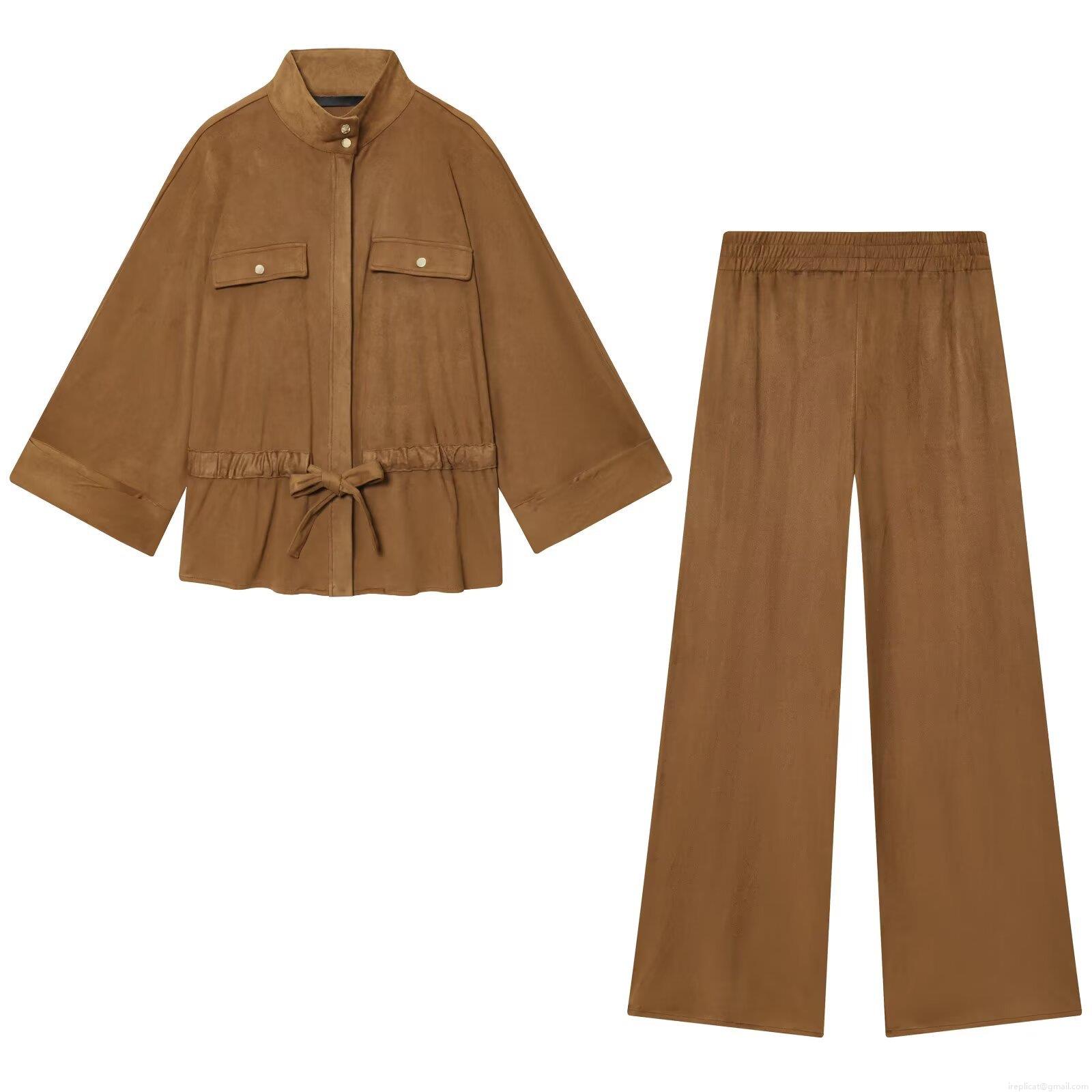 Women's Faux Suede Two Piece Outfits Solid Color Stand Collar Long Sleeve Jacket and Elastic Waist Wide Leg Pants Set For Casual Autumn Winter Women's Faux Suede Two Piece Outfits Solid Color Stand Collar Long Sleeve Jacket and Elastic Waist Wide Leg Pants Set For Casual Autumn Winter
