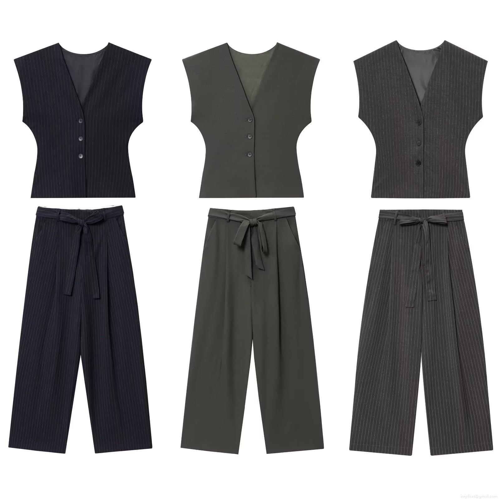 Women's Elegant Pinstripe Vest And Wide Leg Pants Set Sleeveless V-Neck Single Breasted Waist Belted Business Suit For Office Commuting Casual Outfits Women's Elegant Pinstripe Vest And Wide Leg Pants Set Sleeveless V-Neck Single Breasted Waist Belted Business Suit For Office Commuting Casual Outfits