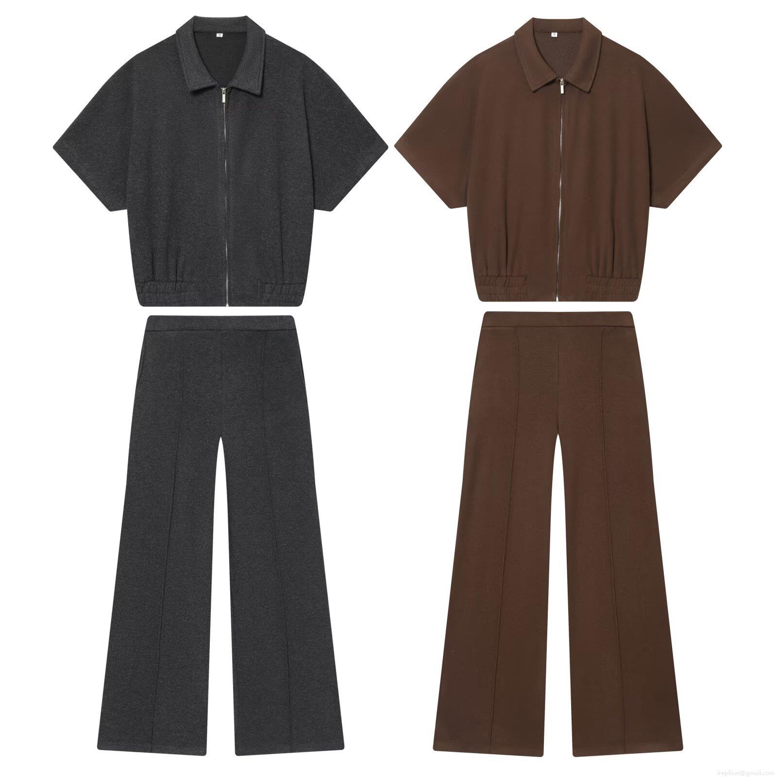 Women's Knit Casual 2 Piece Outfits Half Zipper Short Sleeve Lapel Top And High Waist Wide Leg Long Pants Set Solid Color Polyester Spandex Elegant Lounge Wear Sets Women's Knit Casual 2 Piece Outfits Half Zipper Short Sleeve Lapel Top And High Waist Wide Leg Long Pants Set Solid Color Polyester Spandex Elegant Lounge Wear Sets