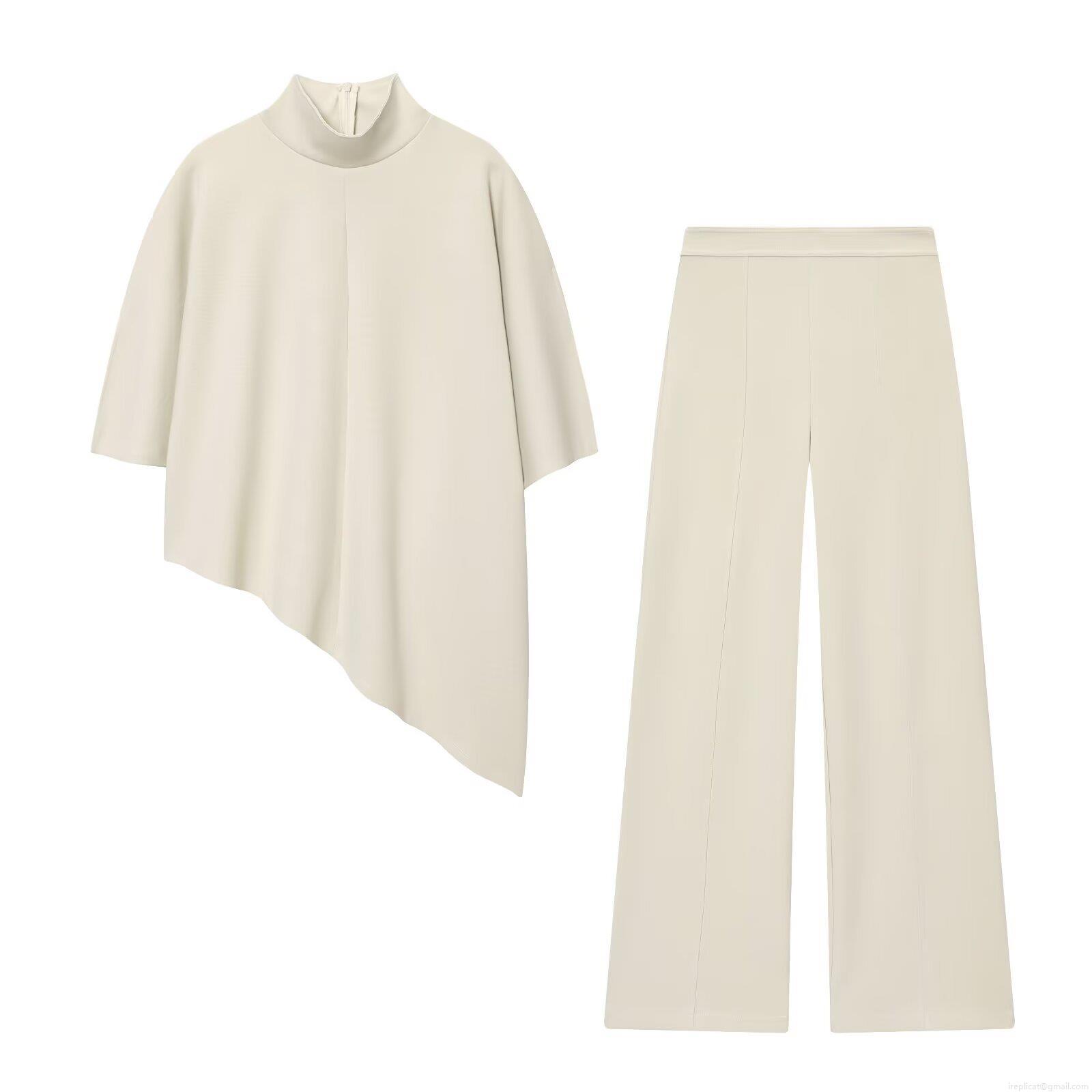 Women's Minimalist Two Piece Set Asymmetrical Hem Half High Collar Top And High Waist Wide Leg Pants Beige Cream Thick Twill Casual Lounge Outfit Suit Women's Minimalist Two Piece Set Asymmetrical Hem Half High Collar Top And High Waist Wide Leg Pants Beige Cream Thick Twill Casual Lounge Outfit Suit