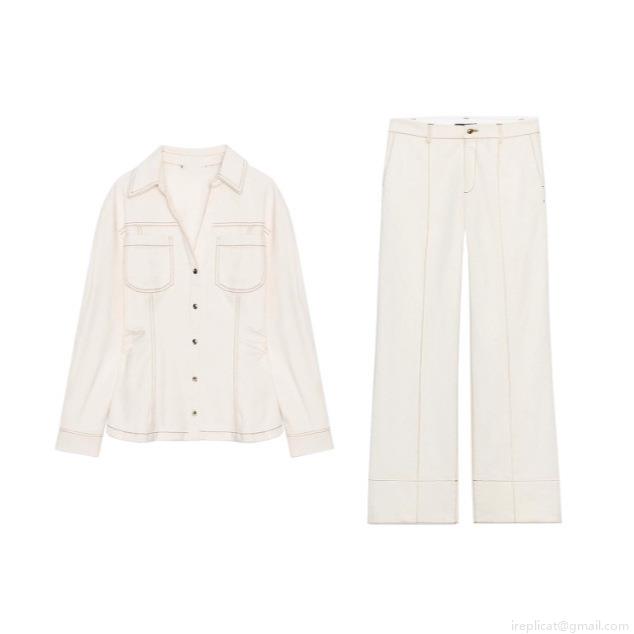 Women's Casual 2-Piece Set Contrast Stitching Long Sleeve Shirt and Flare Pants Workwear Style Off-White Polyester Cotton Blend Elegant Autumn Winter Outfit for Women Women's Casual 2-Piece Set Contrast Stitching Long Sleeve Shirt and Flare Pants Workwear Style Off-White Polyester Cotton Blend Elegant Autumn Winter Outfit for Women