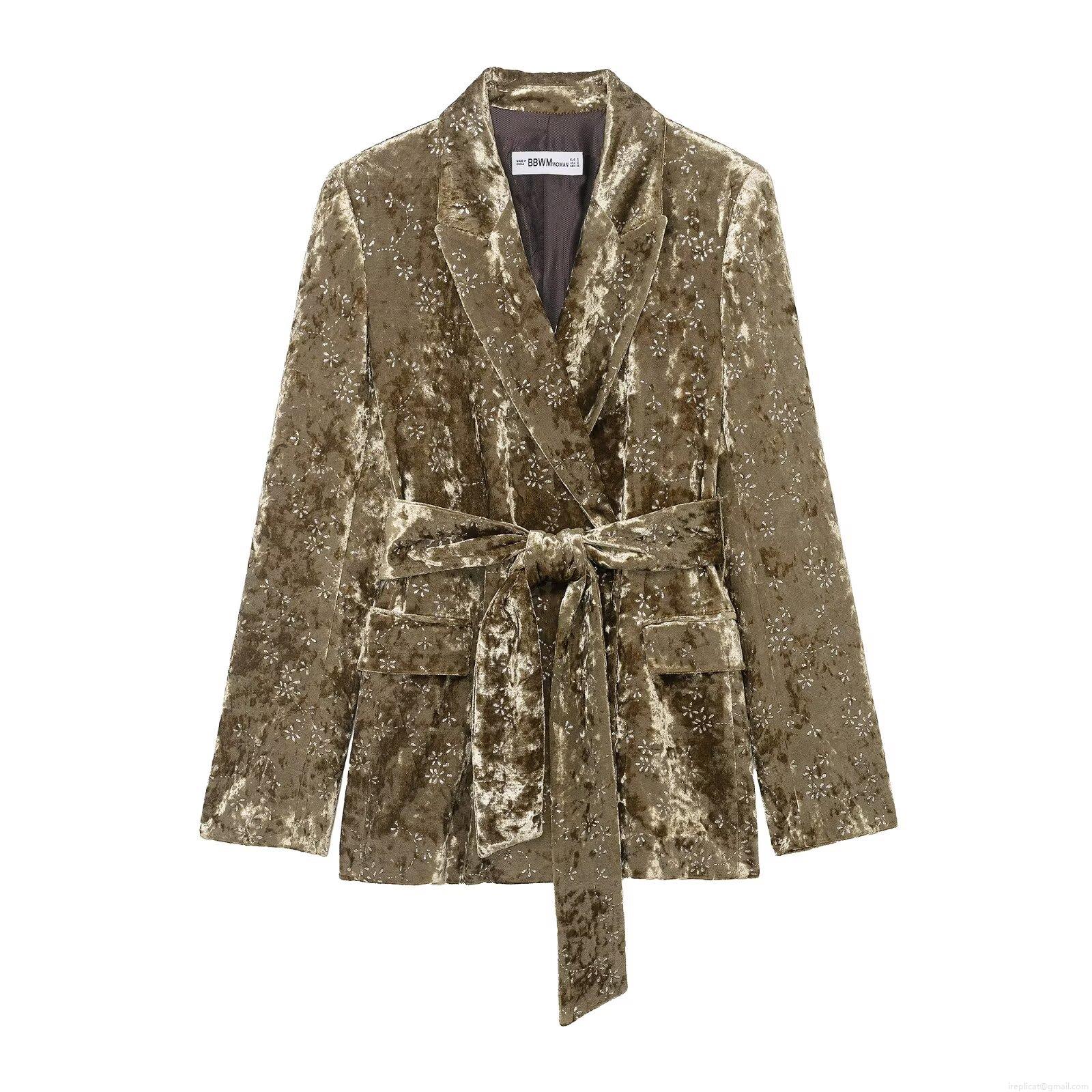Women's 2-Piece Velvet Suit Set Metallic Floral Print Belted Blazer and Cuffed Trousers Retro Casual Streetwear Tracksuit For Women Women's 2-Piece Velvet Suit Set Metallic Floral Print Belted Blazer and Cuffed Trousers Retro Casual Streetwear Tracksuit For Women