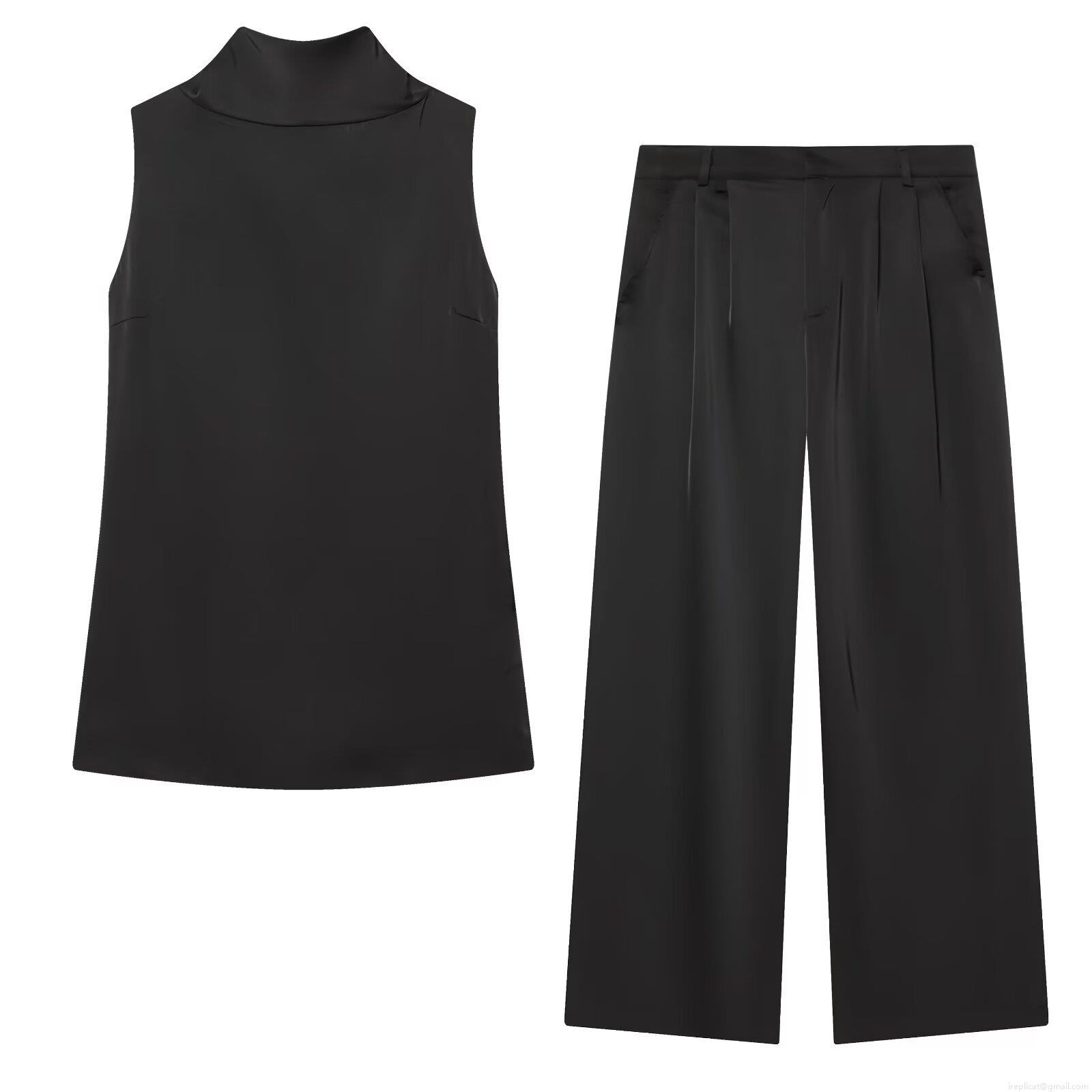 Women's Elegant Acetate Satin Two-Piece Set Halter Neck Backless Sleeveless Top And Wide Leg Pants Solid Color Party Streetwear Outfit Women's Elegant Acetate Satin Two-Piece Set Halter Neck Backless Sleeveless Top And Wide Leg Pants Solid Color Party Streetwear Outfit