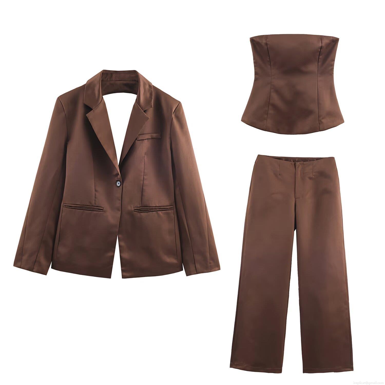 Women's 3-Piece Satin Suit Set Brown Open Back Blazer Cutout Jacket Strapless Bandeau Top High Waist Wide Leg Trousers Elegant Office Commuter Outfit Women's 3-Piece Satin Suit Set Brown Open Back Blazer Cutout Jacket Strapless Bandeau Top High Waist Wide Leg Trousers Elegant Office Commuter Outfit