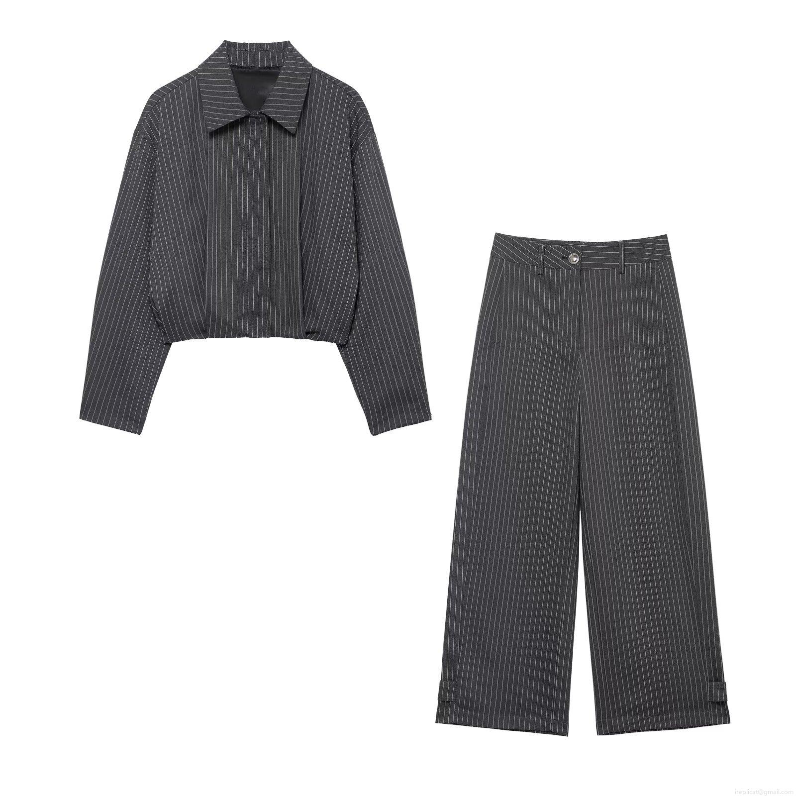 Women Fashion Pinstripe Two Piece Set Cropped Lapel Jacket And High Waist Wide Leg Pants Casual Long Sleeve Suit 100% Polyester Clothing For Autumn Winter Women Fashion Pinstripe Two Piece Set Cropped Lapel Jacket And High Waist Wide Leg Pants Casual Long Sleeve Suit 100% Polyester Clothing For Autumn Winter