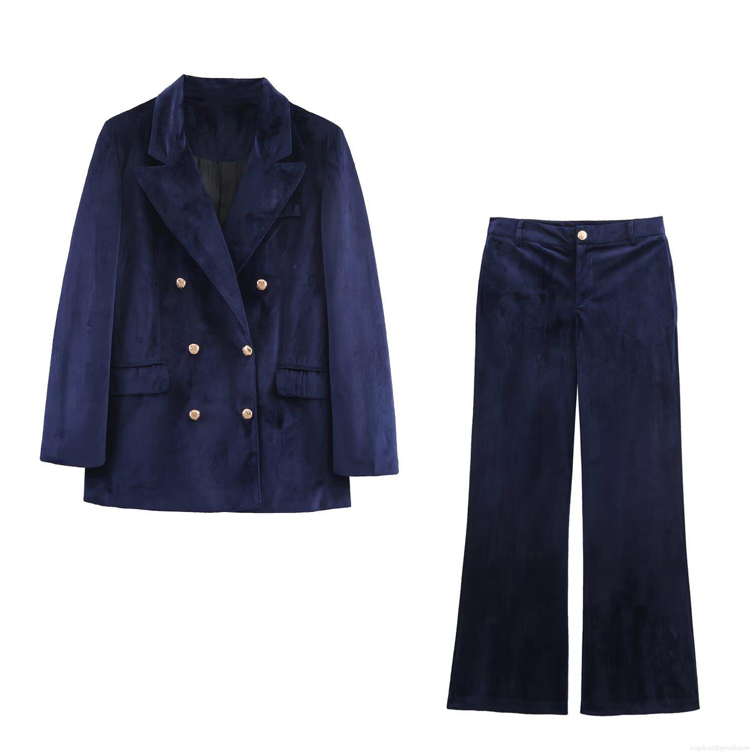 Women Elegant Velvet Suit Set Double Breasted Blazer Gold Buttons High Waist Wide Leg Pants For Office Party Commute Navy Blue Two Piece Outfit Women Elegant Velvet Suit Set Double Breasted Blazer Gold Buttons High Waist Wide Leg Pants For Office Party Commute Navy Blue Two Piece Outfit