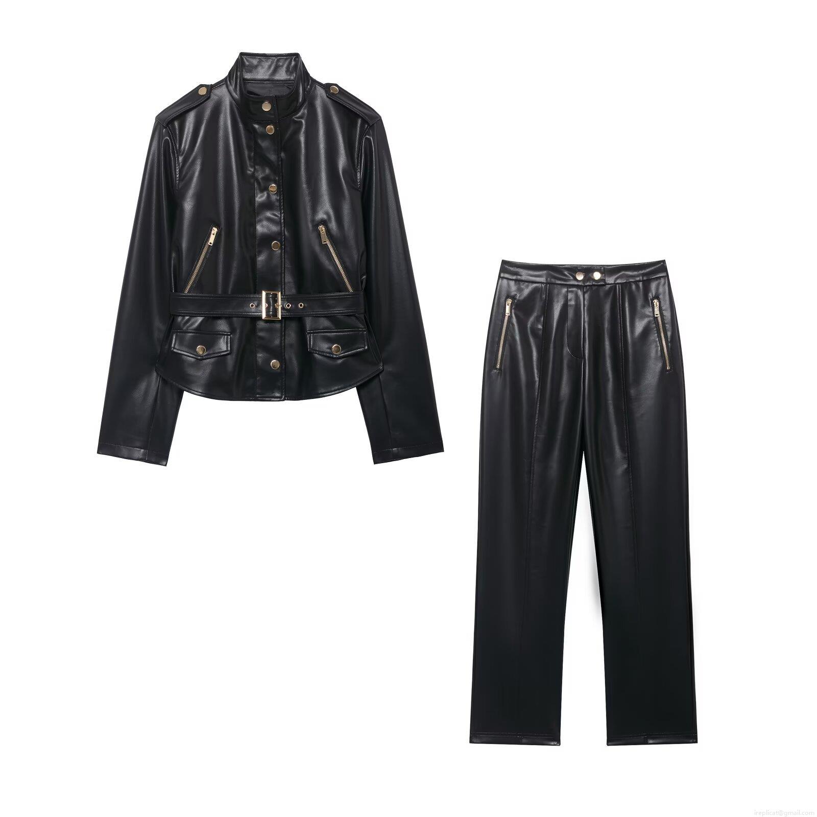 Women's Faux Leather Biker Jacket and Pants Two Piece Set with Belt Black PU Leather Zip Up Top and Flare Trousers Moto Outfit for Women Women's Faux Leather Biker Jacket and Pants Two Piece Set with Belt Black PU Leather Zip Up Top and Flare Trousers Moto Outfit for Women