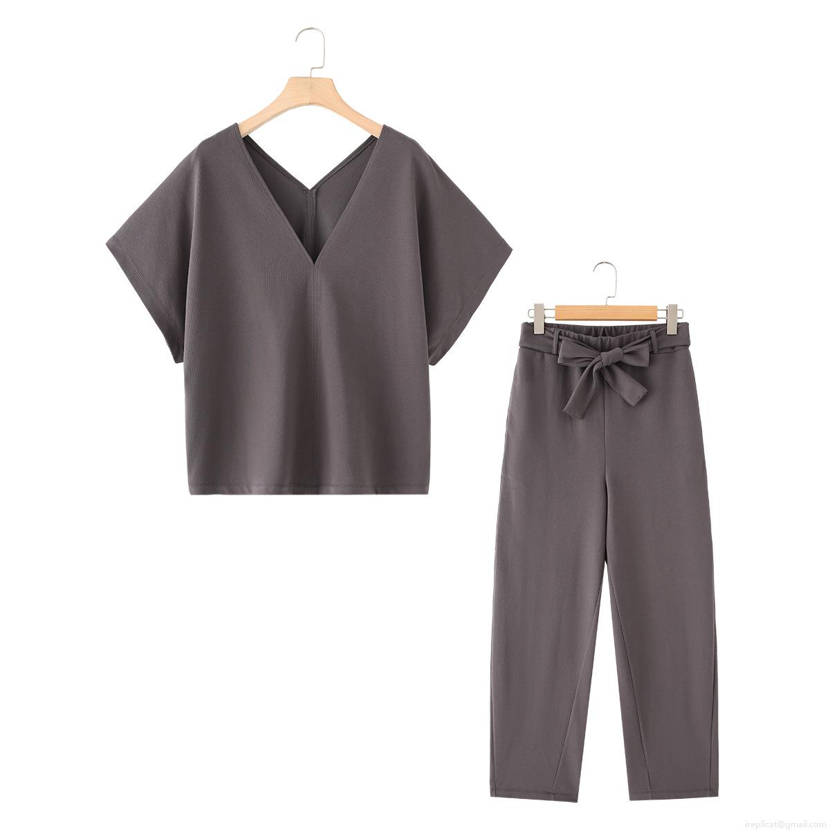 Women's Casual 100% Cotton 2 Piece Set V Neck Short Sleeve T-Shirt and High Waist Wide Leg Pants with Belt Outfits Loungewear Women's Casual 100% Cotton 2 Piece Set V Neck Short Sleeve T-Shirt and High Waist Wide Leg Pants with Belt Outfits Loungewear