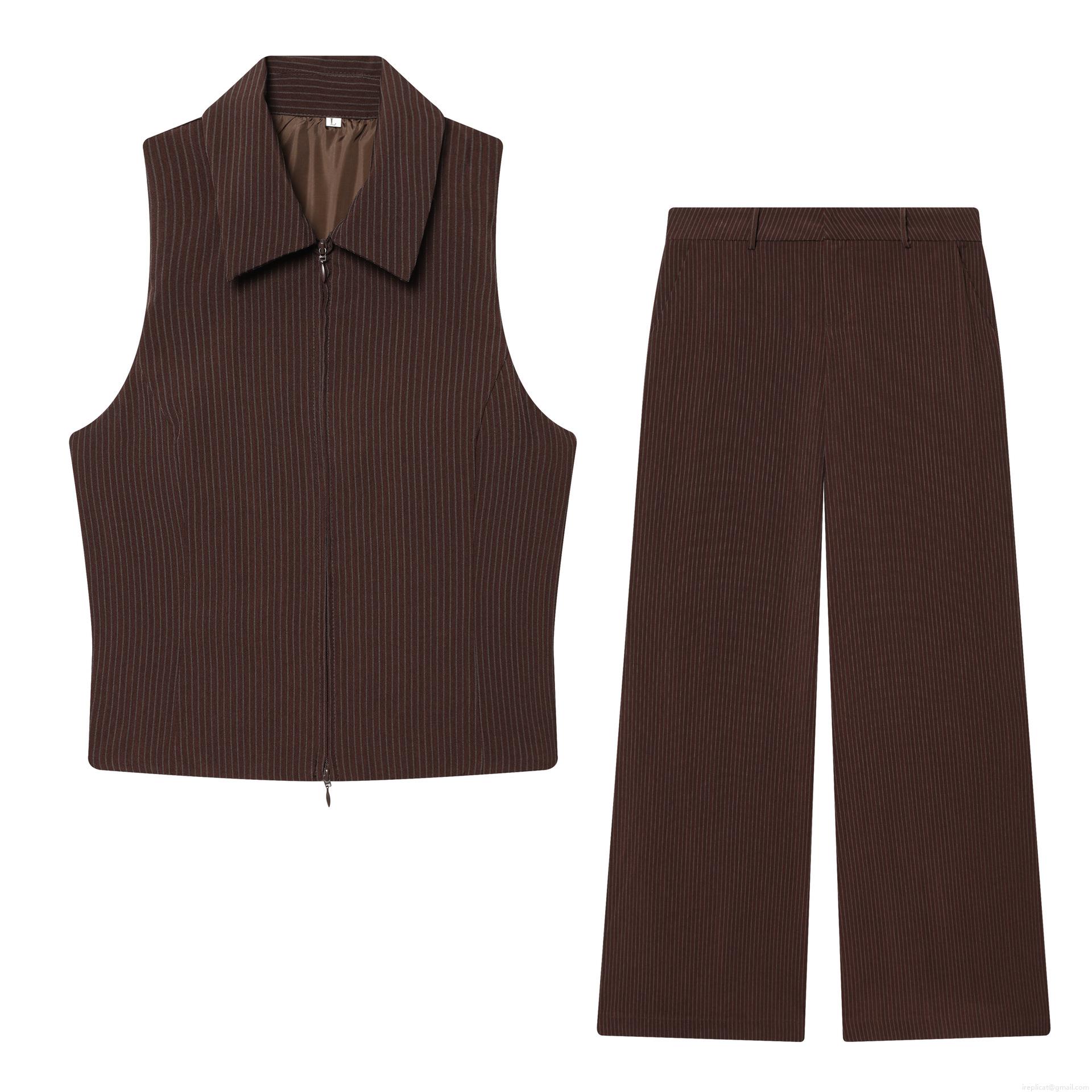 Women\'s 2 Piece Pinstripe Pants Set Polyester Blend Zipper Sleeveless Vest Waistcoat And Wide Leg Trousers Office Casual Outfit