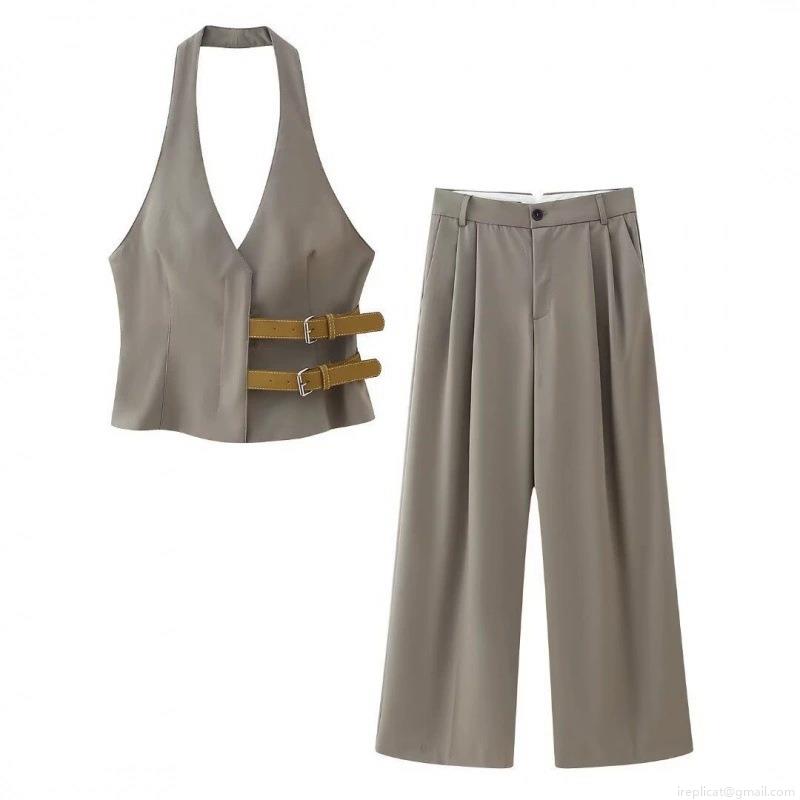 Women's Taupe Halter Neck Backless Vest And High Waist Wide Leg Trousers Two-Piece Set With Leather Buckle Detail Woven Polyester Elegant Casual Streetwear Outfit Women's Taupe Halter Neck Backless Vest And High Waist Wide Leg Trousers Two-Piece Set With Leather Buckle Detail Woven Polyester Elegant Casual Streetwear Outfit
