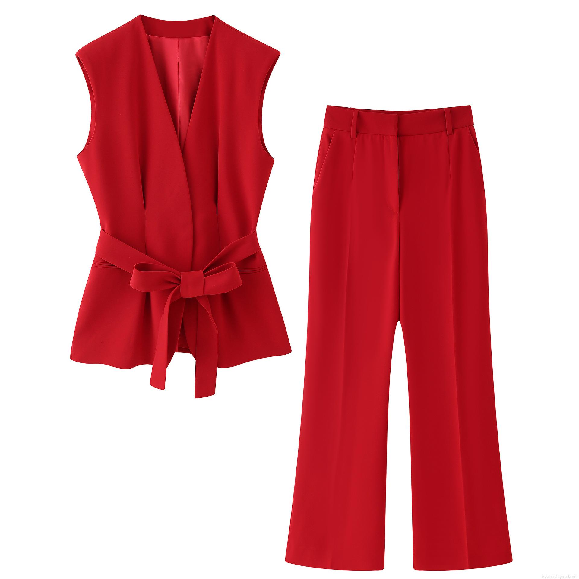 Women's Two Piece Set Elegant V Neck Sleeveless Blazer Vest Waistcoat With Bow Tie Belt And High Waisted Wide Leg Pants Fashion Solid Color Polyester Outfits Women's Two Piece Set Elegant V Neck Sleeveless Blazer Vest Waistcoat With Bow Tie Belt And High Waisted Wide Leg Pants Fashion Solid Color Polyester Outfits