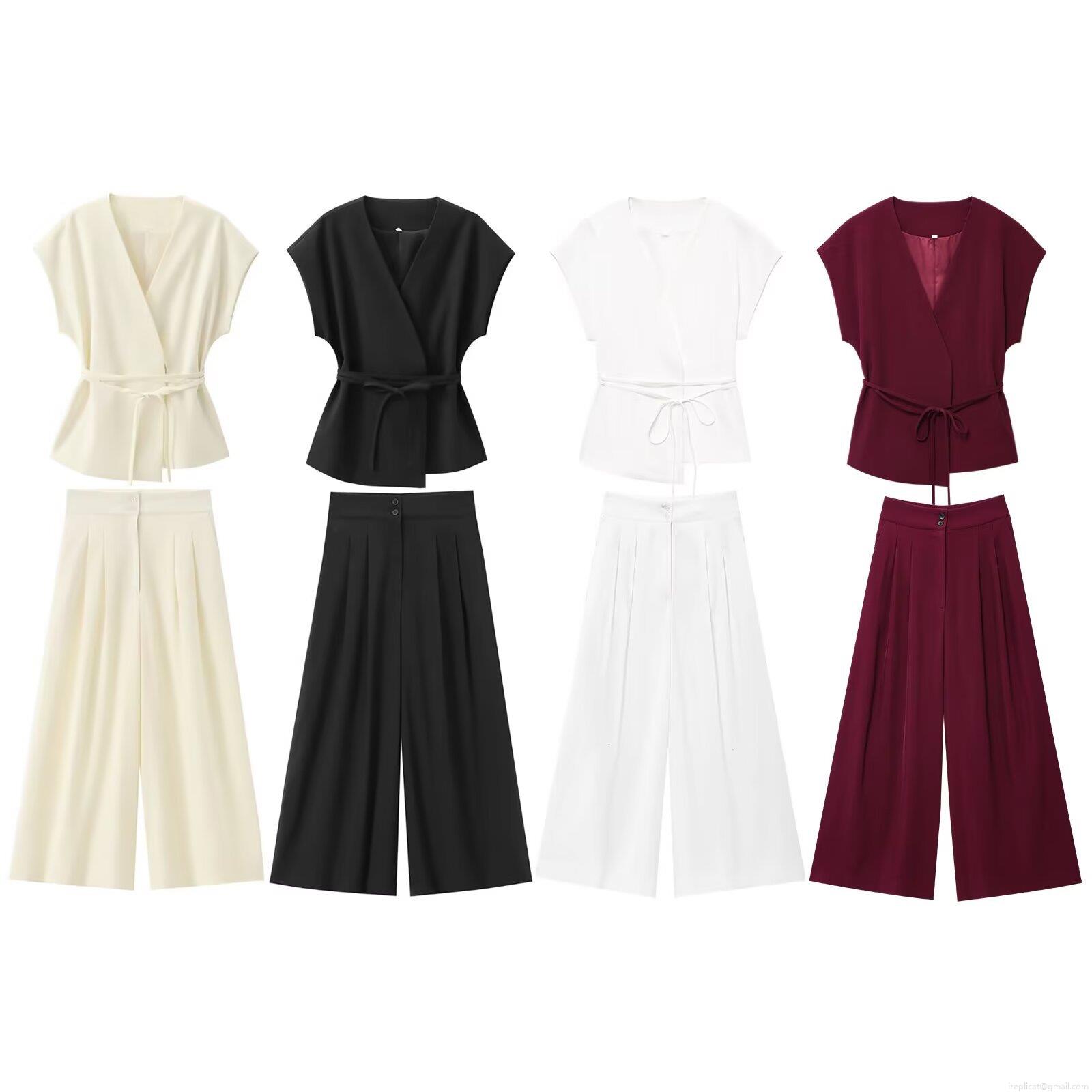 Women's 2 Piece Outfits Sleeveless V Neck Tie Waist Vest Top and High Waisted Wide Leg Pants Set Solid Color Fashion Casual Commuter Streetwear Suit Women's 2 Piece Outfits Sleeveless V Neck Tie Waist Vest Top and High Waisted Wide Leg Pants Set Solid Color Fashion Casual Commuter Streetwear Suit