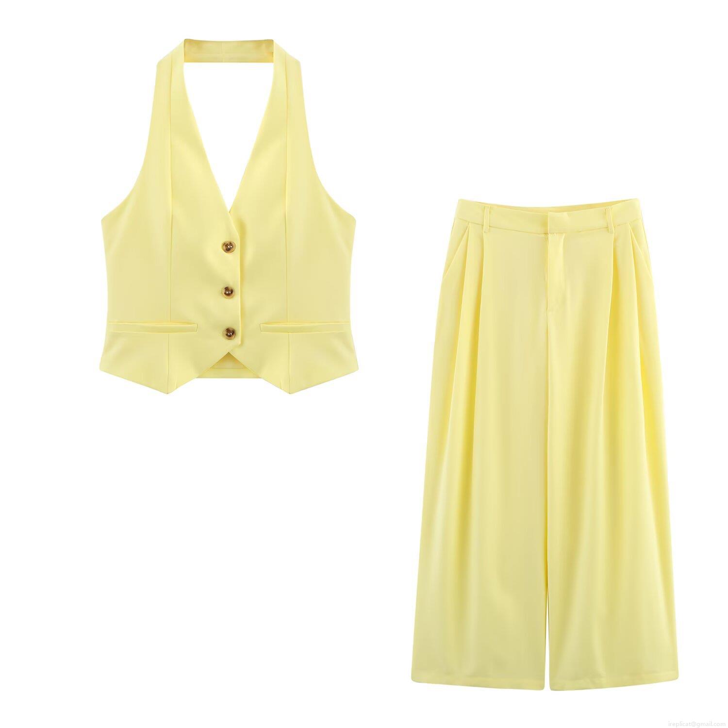 Women's Halter Neck Sleeveless Vest Top And High Waist Wide Leg Pants Two Piece Set Solid Color Polyester Suit For Summer Office Vacation Daily Women's Halter Neck Sleeveless Vest Top And High Waist Wide Leg Pants Two Piece Set Solid Color Polyester Suit For Summer Office Vacation Daily
