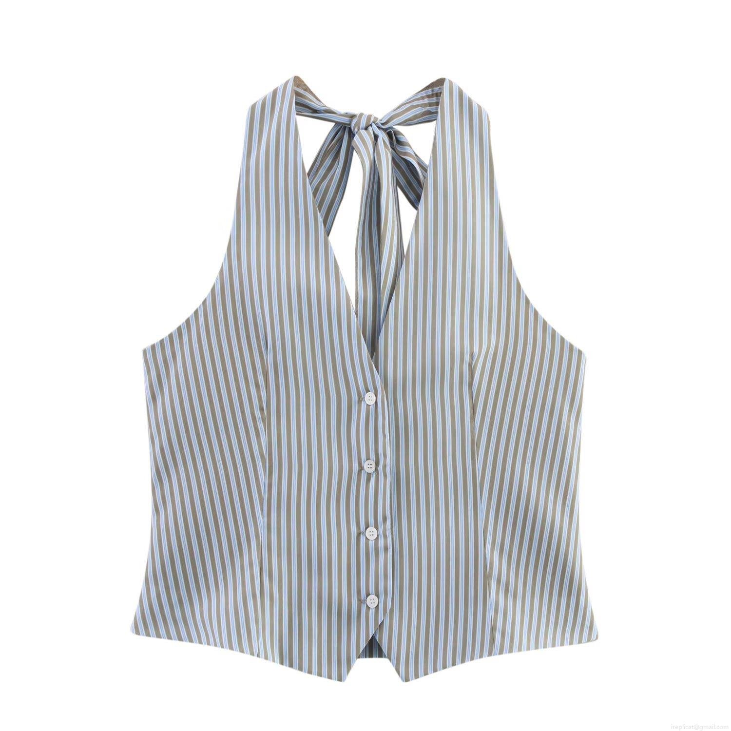 Women's Striped Halter Neck Button Up Vest Top and Matching Wide Leg Pants Two Piece Set Sexy Sleeveless Backless Streetwear Casual Summer Outfits for Women Women's Striped Halter Neck Button Up Vest Top and Matching Wide Leg Pants Two Piece Set Sexy Sleeveless Backless Streetwear Casual Summer Outfits for Women
