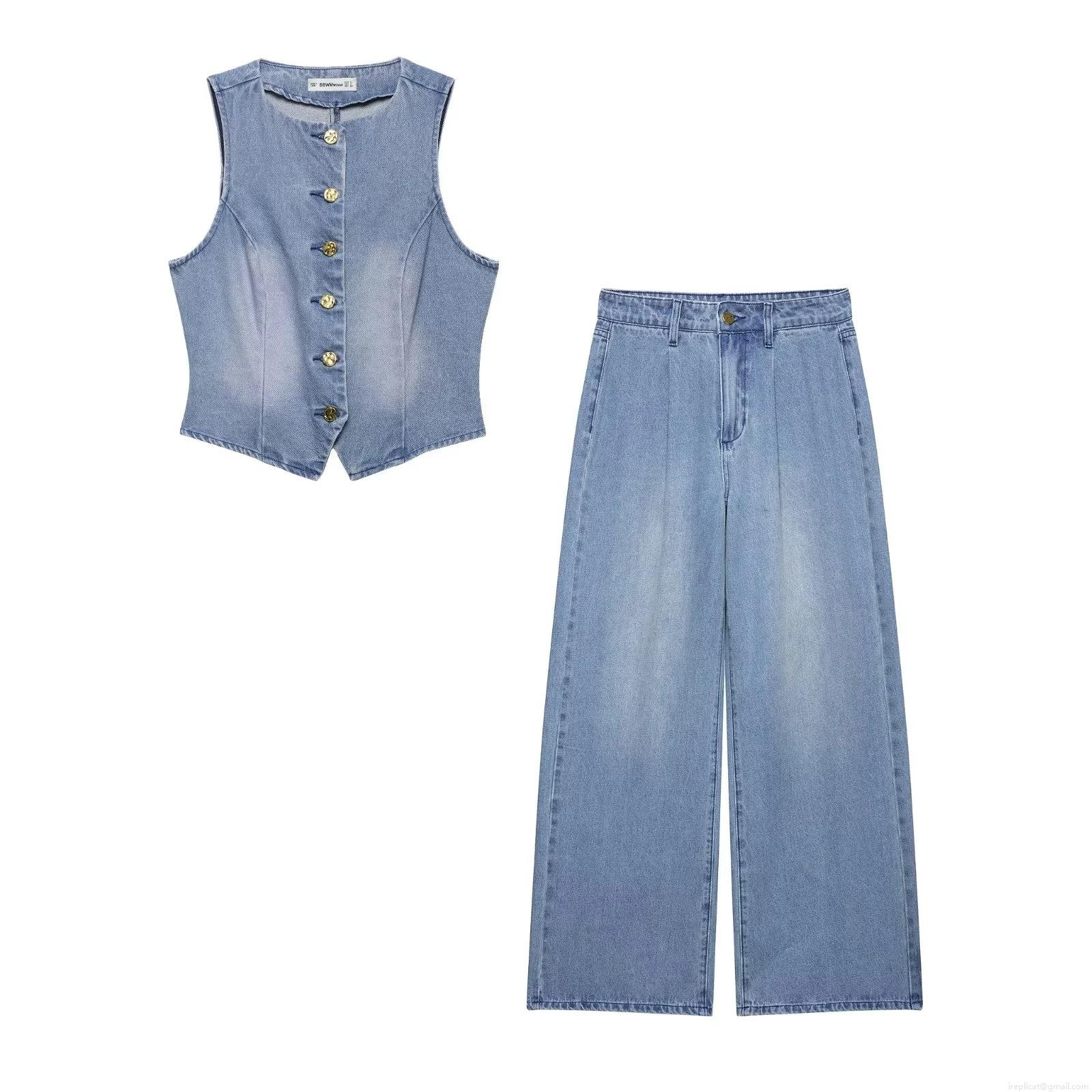 Women Washed Light Blue Denim Two Piece Sets Retro Short Vest With High Waist Pleated Wide Leg Pants Casual Sleeveless Top Trousers Outfits For Streetwear Club Party Women Washed Light Blue Denim Two Piece Sets Retro Short Vest With High Waist Pleated Wide Leg Pants Casual Sleeveless Top Trousers Outfits For Streetwear Club Party