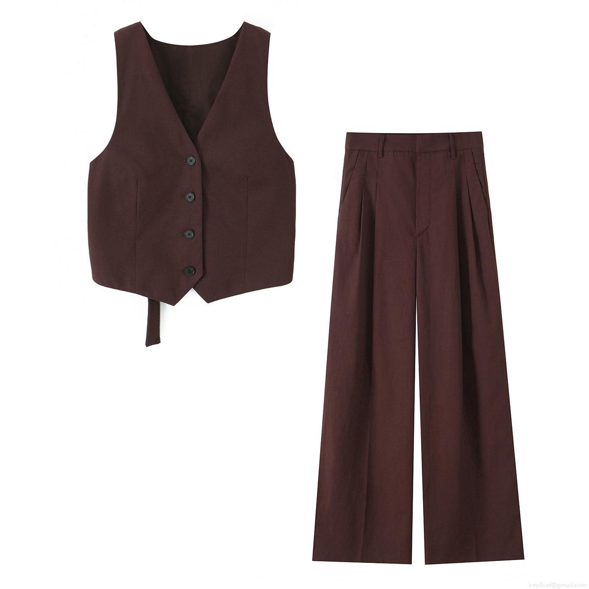 Women Casual 2 Piece Suit Set Sleeveless Backless Vest Waistcoat And High Waist Wide Leg Pleated Trousers Coffee Brown Streetwear Party Clubwear Outfits Women Casual 2 Piece Suit Set Sleeveless Backless Vest Waistcoat And High Waist Wide Leg Pleated Trousers Coffee Brown Streetwear Party Clubwear Outfits
