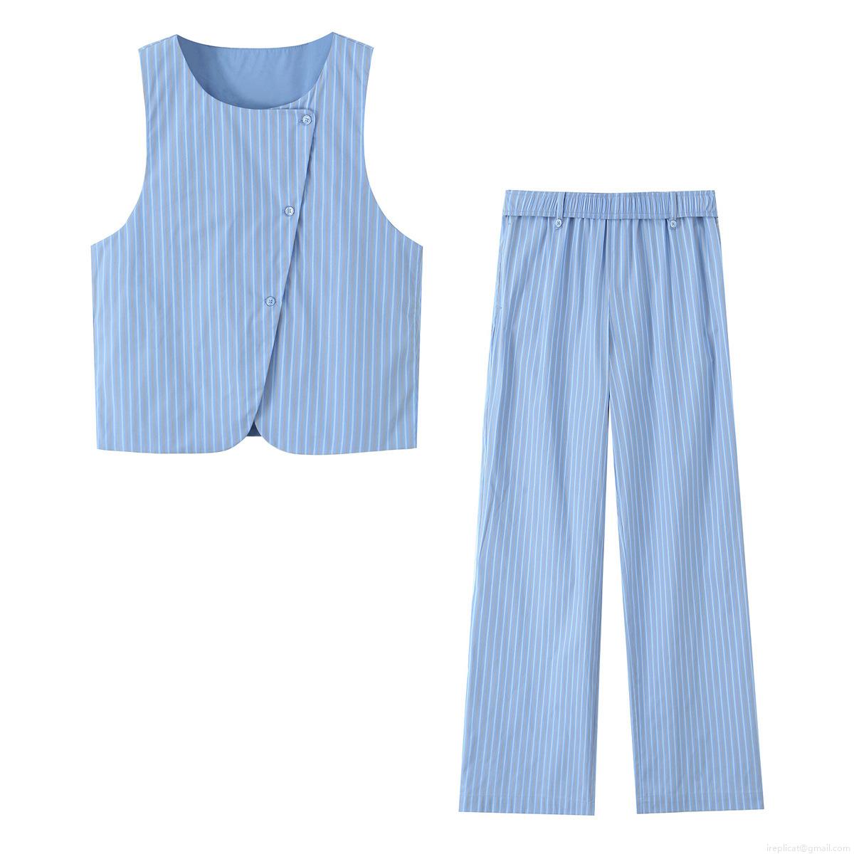 Women's Striped Sleeveless Vest Top And Straight Leg Pants Casual Two Piece Set Elegant V-Neck Side Button Summer Outfit Light Blue White Stripes Women's Striped Sleeveless Vest Top And Straight Leg Pants Casual Two Piece Set Elegant V-Neck Side Button Summer Outfit Light Blue White Stripes