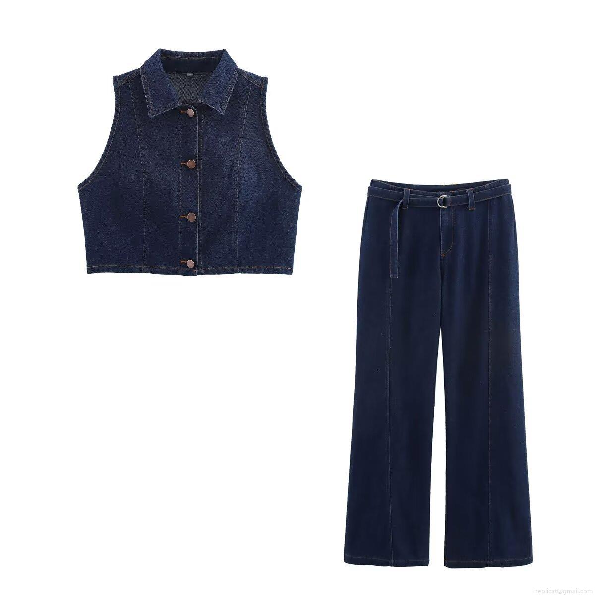 Women\'s Retro Dark Blue Denim Look Two Piece Set Fashion Lapel Sleeveless Vest And Belted Wide Leg Pants Casual Polyester Woven Waistcoat And Trousers Outfit For Streetwear Women\'s Retro Dark Blue Denim Look Two Piece Set Fashion Lapel Sleeveless Vest And Belted Wide Leg Pants Casual Polyester Woven Waistcoat And Trousers Outfit For Streetwear