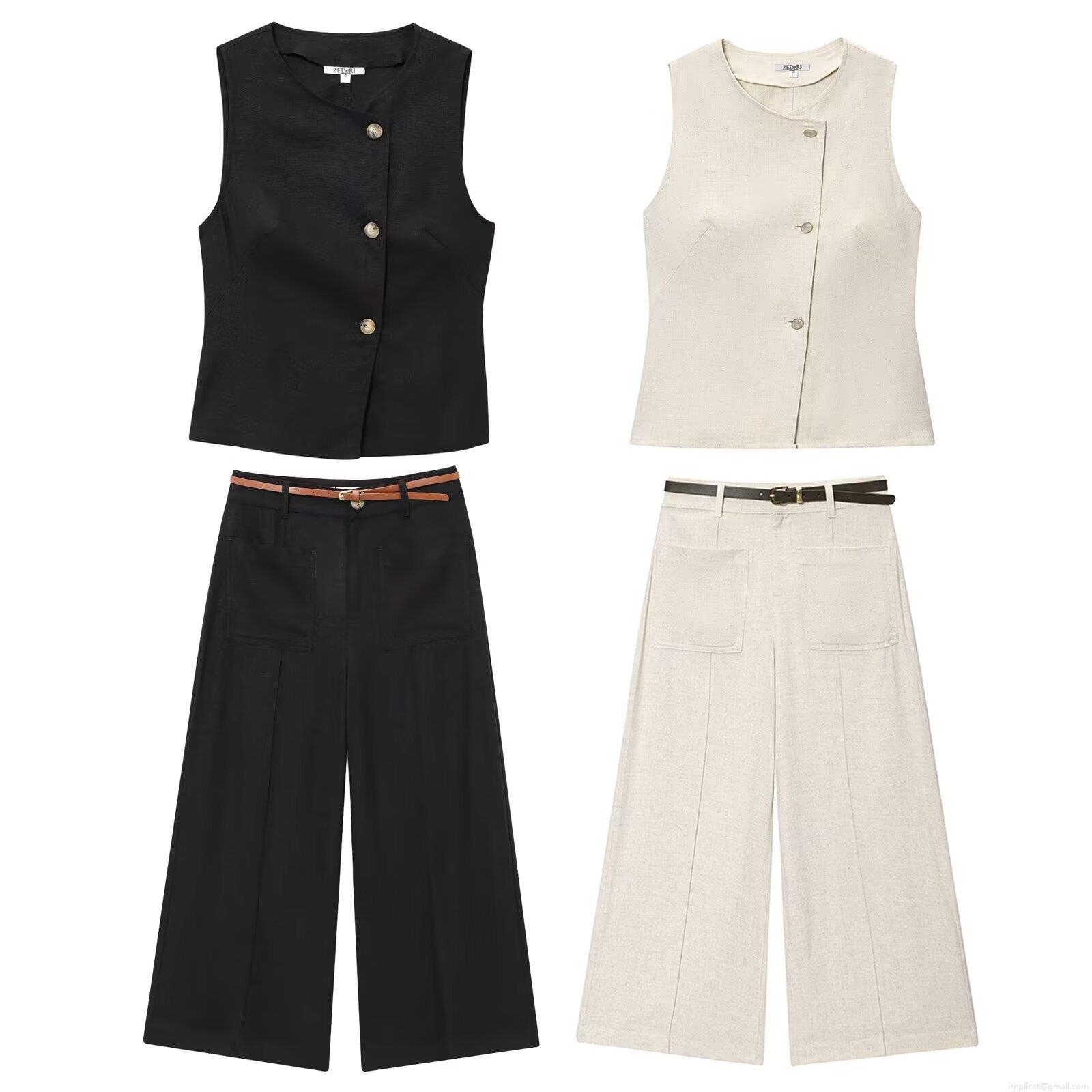 Women Cotton Linen Two Piece Set Sleeveless Single Breasted Vest Top and High Waist Wide Leg Pants With Belt Casual Solid Color Office Streetwear Outfits Women Cotton Linen Two Piece Set Sleeveless Single Breasted Vest Top and High Waist Wide Leg Pants With Belt Casual Solid Color Office Streetwear Outfits