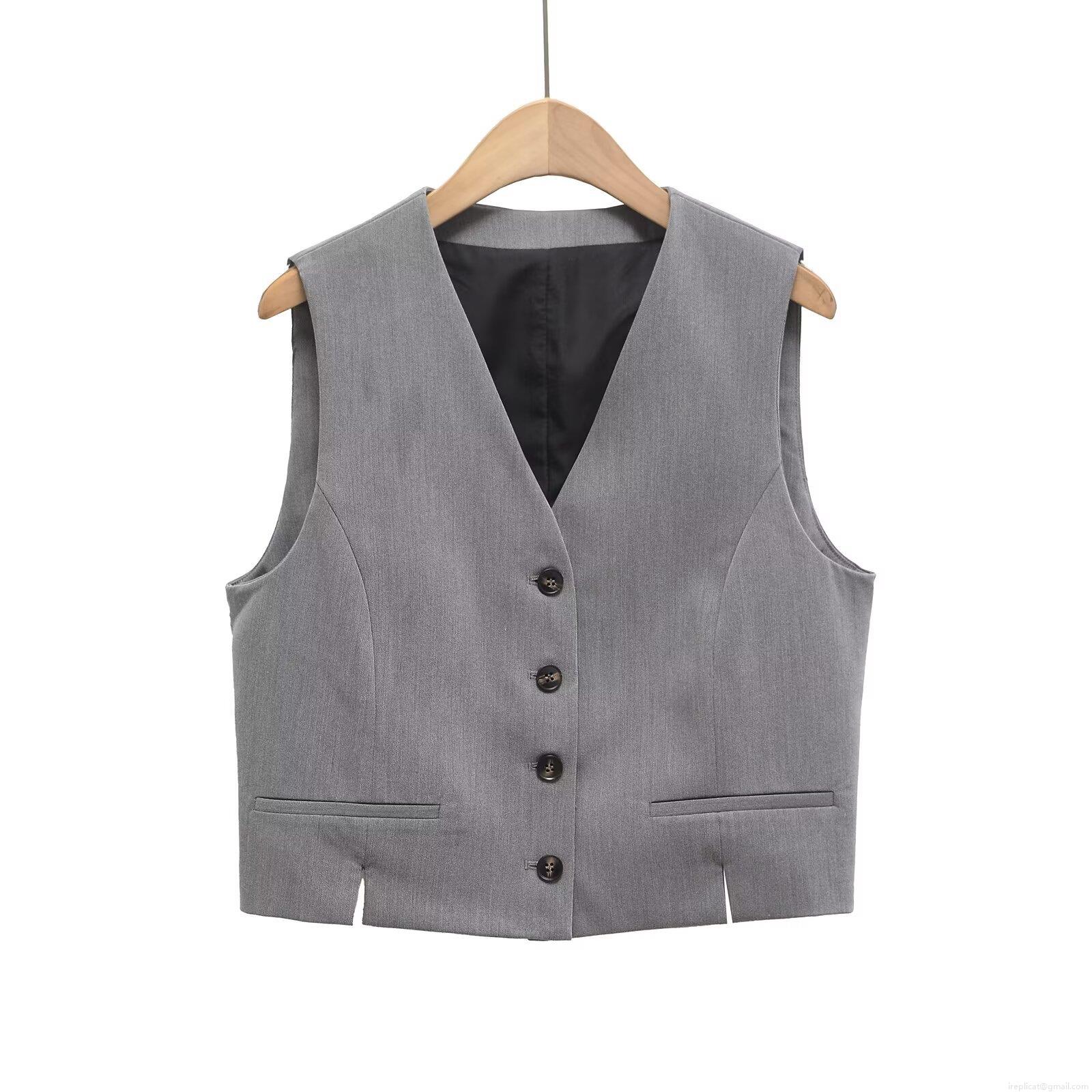 Women French V-Neck Sleeveless Waistcoat And Slit Hem Long Pants Two Piece Set Solid Grey Polyester Blend Business Casual Suit Office Lady Outfit Women French V-Neck Sleeveless Waistcoat And Slit Hem Long Pants Two Piece Set Solid Grey Polyester Blend Business Casual Suit Office Lady Outfit