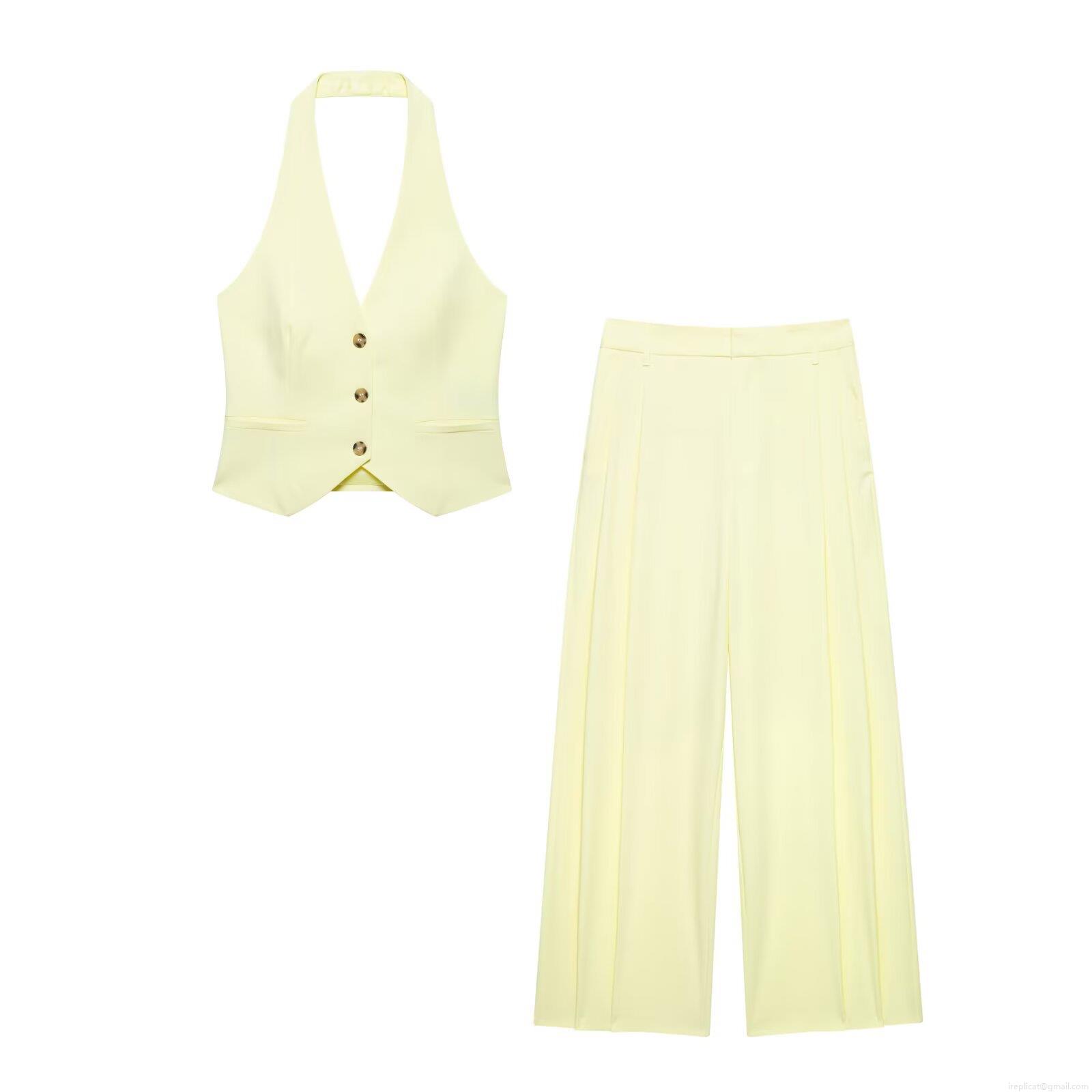 Women's Elegant Two Piece Set Halter Neck V Neck Vest Top And Wide Leg Long Pants Solid Color Polyester Blend Fashion Casual Suit For Streetwear Office Women Women's Elegant Two Piece Set Halter Neck V Neck Vest Top And Wide Leg Long Pants Solid Color Polyester Blend Fashion Casual Suit For Streetwear Office Women