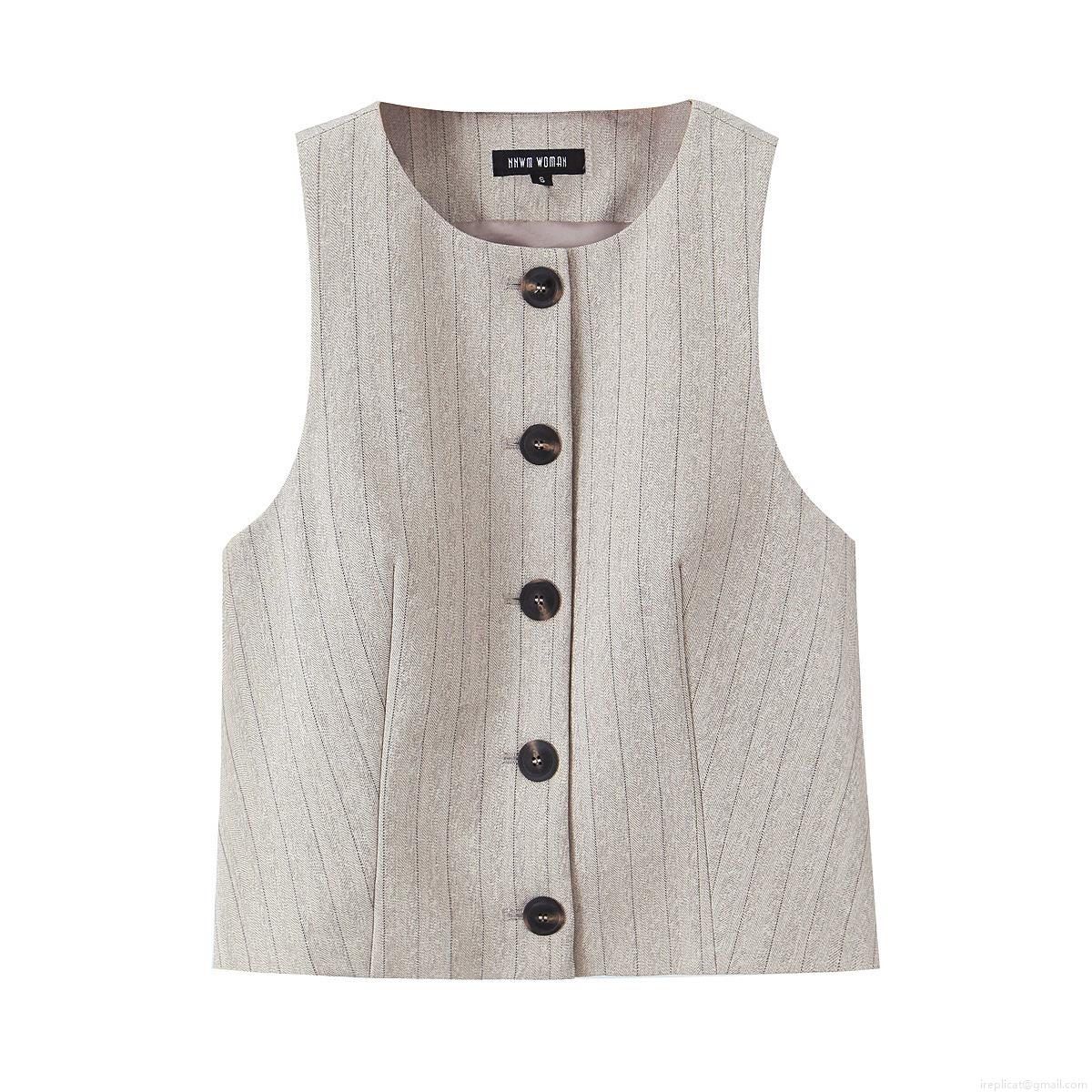 Women\'s Commuter Two Piece Set Striped Herringbone Sleeveless Vest Top And High Waist Wide Leg Pants Polyester Casual Office Suit
