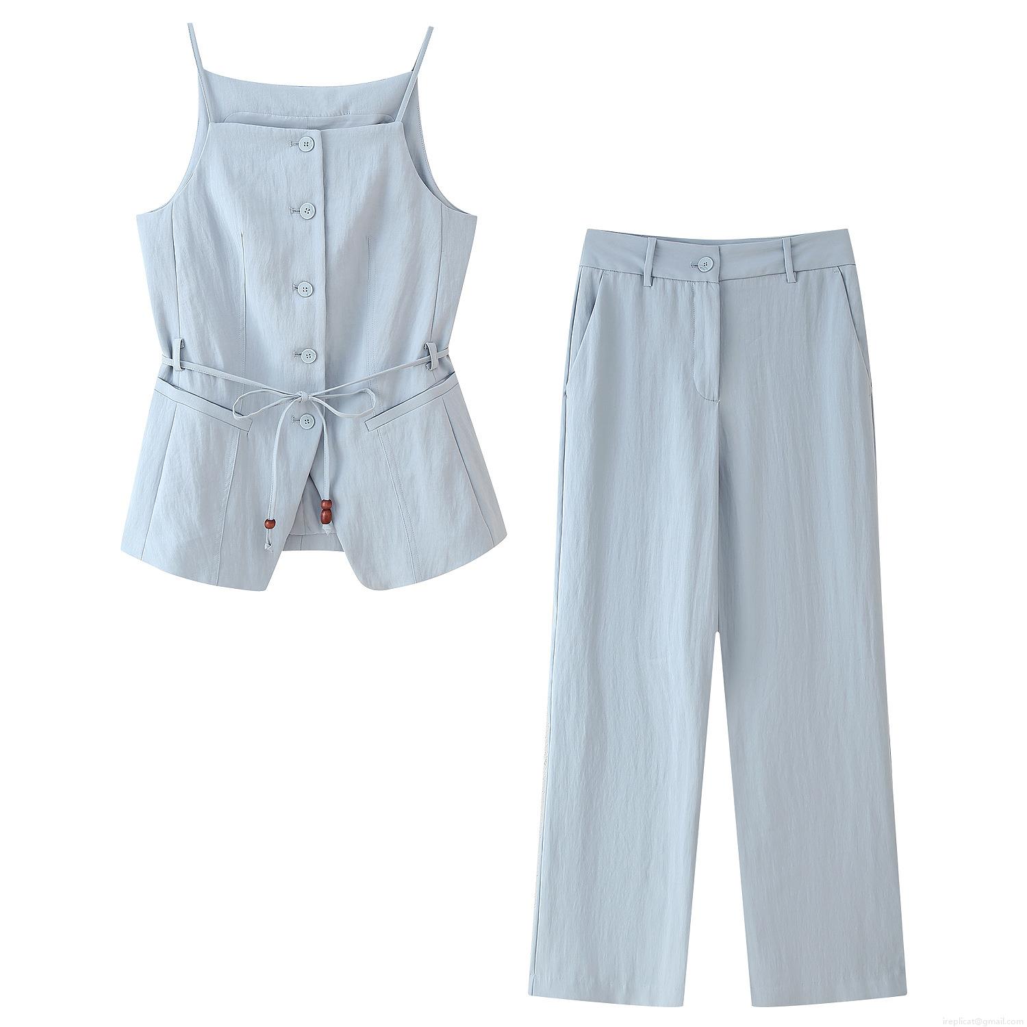 Women's Casual Two-Piece Set Light Blue Camisole Vest With Beaded Waist Belt And High Waist Straight Leg Pants Sleeveless Summer Streetwear Outfit Women's Casual Two-Piece Set Light Blue Camisole Vest With Beaded Waist Belt And High Waist Straight Leg Pants Sleeveless Summer Streetwear Outfit