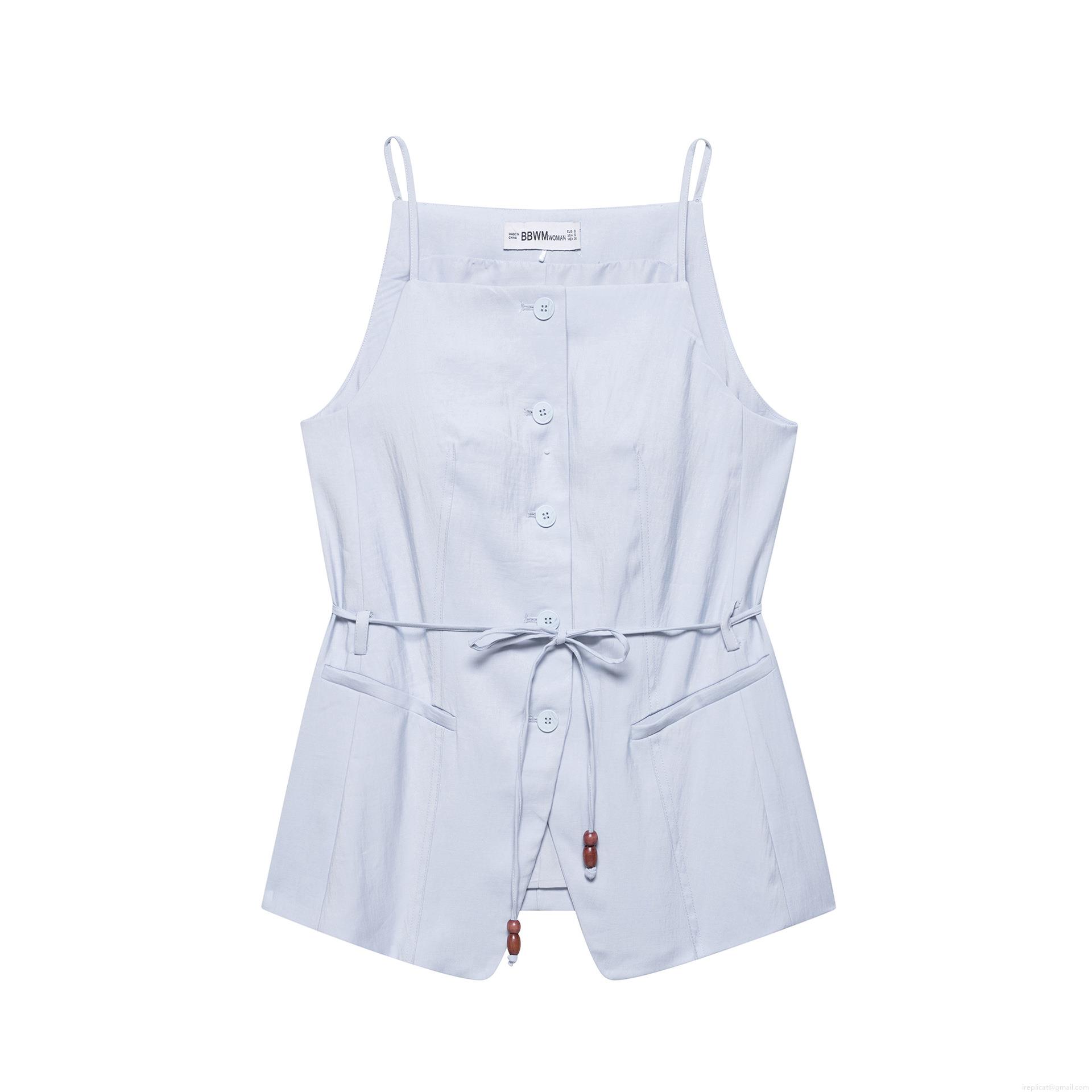 Women's Solid Light Blue 2-Piece Set Beaded Drawstring Belt Camisole Top And High Waist Wide Leg Straight Pants Casual Western Style Sleeveless Outfit
