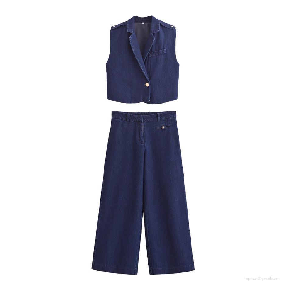 Women's Denim 2 Piece Set Dark Blue Lapel Short Vest And High Waist Wide Leg Pants Casual Outfits For Women Fashion Streetwear Suit Women's Denim 2 Piece Set Dark Blue Lapel Short Vest And High Waist Wide Leg Pants Casual Outfits For Women Fashion Streetwear Suit
