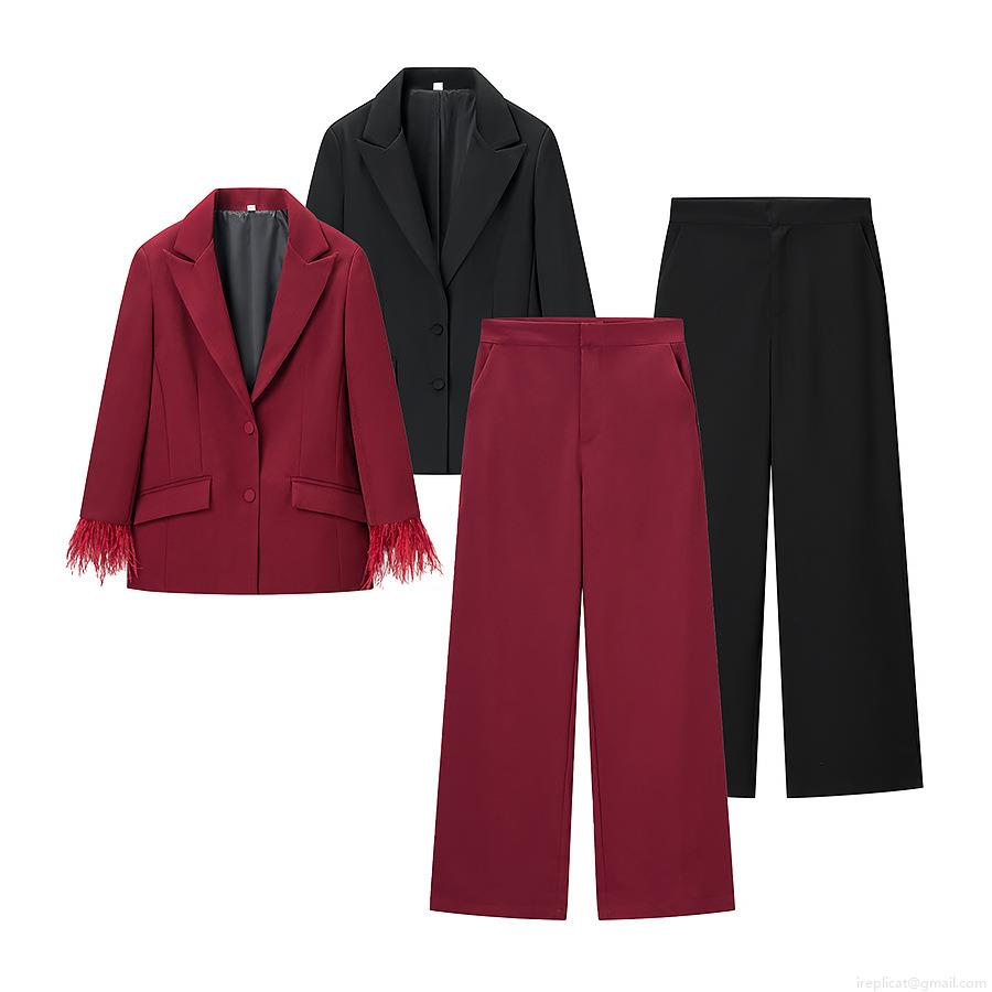 Women's Elegant Feather Trim Sleeve Blazer And High Waisted Wide Leg Pants Two Piece Set Solid Color Formal Suit For Office Party Women's Elegant Feather Trim Sleeve Blazer And High Waisted Wide Leg Pants Two Piece Set Solid Color Formal Suit For Office Party