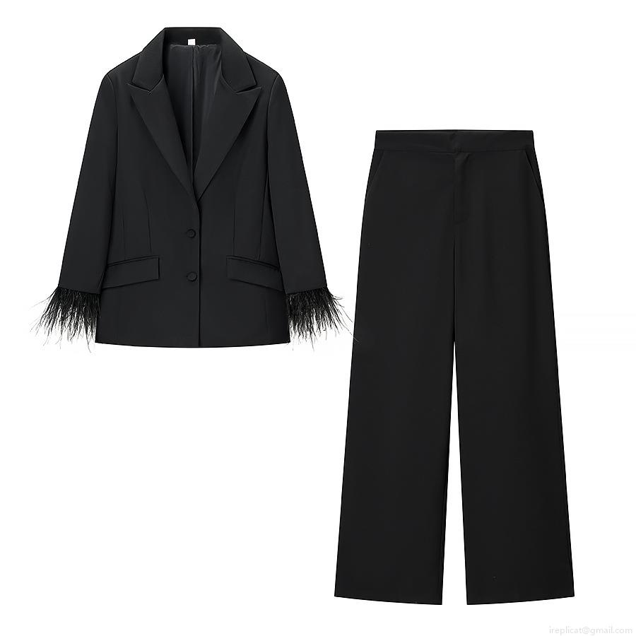 Women\'s Elegant Feather Trim Sleeve Blazer And High Waisted Wide Leg Pants Two Piece Set Solid Color Formal Suit For Office Party