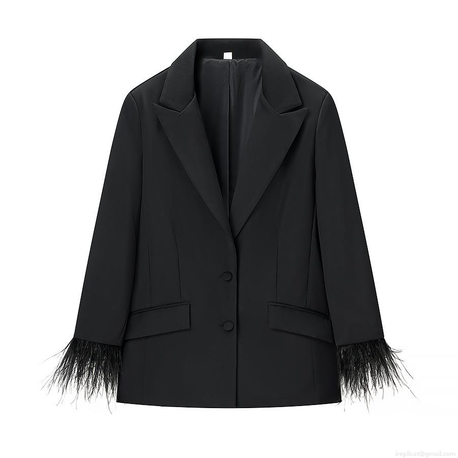 Women\'s Elegant Feather Trim Sleeve Blazer And High Waisted Wide Leg Pants Two Piece Set Solid Color Formal Suit For Office Party