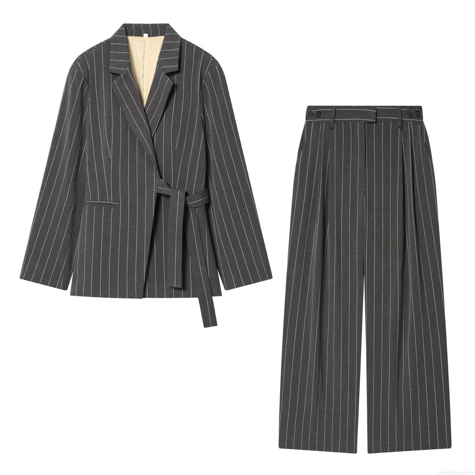 Women's Pinstripe Blazer and Wide Leg Pants Set Professional Long Sleeve Tie Waist Jacket and High Waist Trousers Two Piece Business Casual Outfit Suit