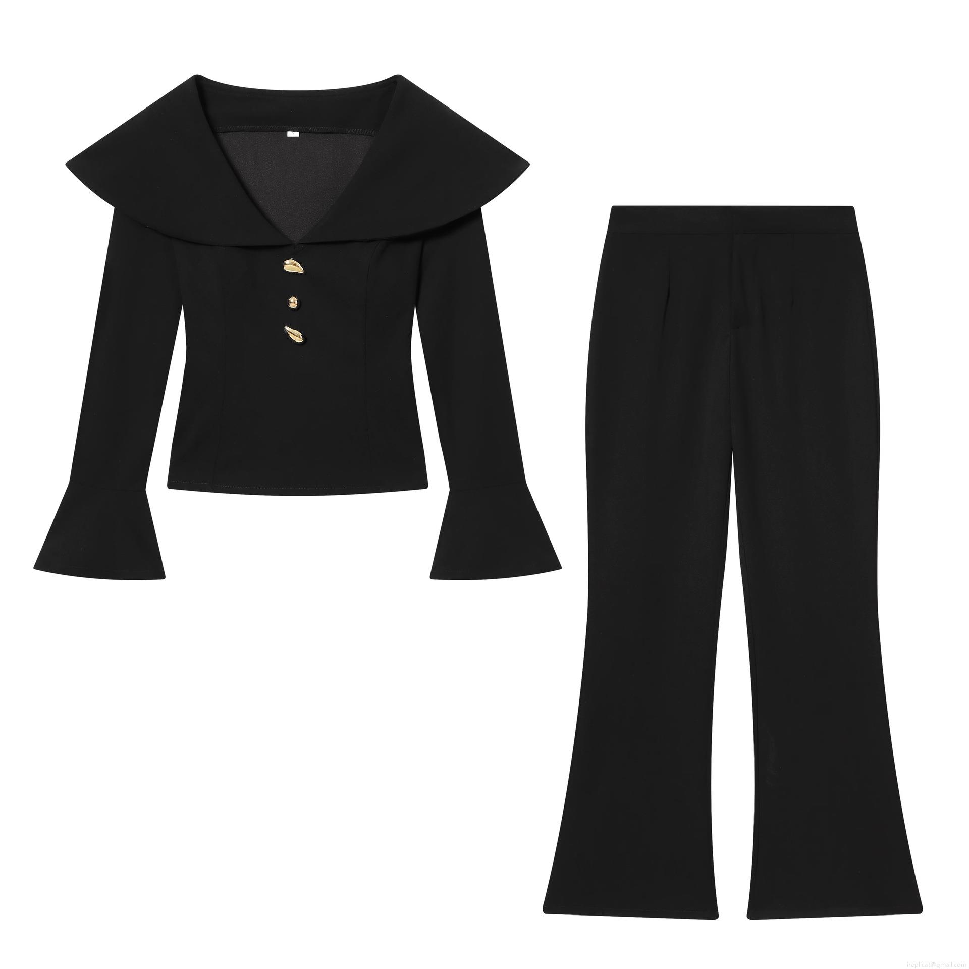 Women's 2 Piece Set Polyester V Neck Flared Sleeve Top With Gold Buttons And High Waist Flare Pants Elegant Commuter Office Slim Fit Fashion Suit Women's 2 Piece Set Polyester V Neck Flared Sleeve Top With Gold Buttons And High Waist Flare Pants Elegant Commuter Office Slim Fit Fashion Suit