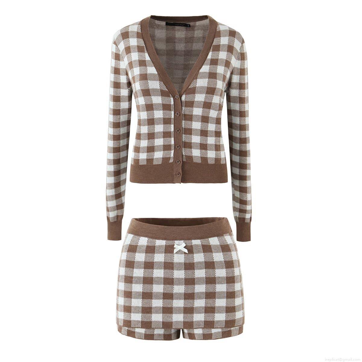 Women's Knit Polyester Two-Piece Set Brown White Gingham V-Neck Button Cardigan And Shorts With Bow Decoration Casual Loungewear Outfit Women's Knit Polyester Two-Piece Set Brown White Gingham V-Neck Button Cardigan And Shorts With Bow Decoration Casual Loungewear Outfit