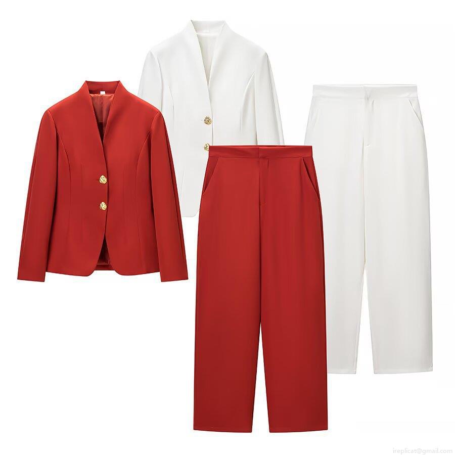 Women Elegant Polyester V-Neck Waist Tie Blazer And Pants Set Two Piece Professional Business Office Career Wear Solid Color Fashion Formal Outfits With Gold Buttons Women Elegant Polyester V-Neck Waist Tie Blazer And Pants Set Two Piece Professional Business Office Career Wear Solid Color Fashion Formal Outfits With Gold Buttons