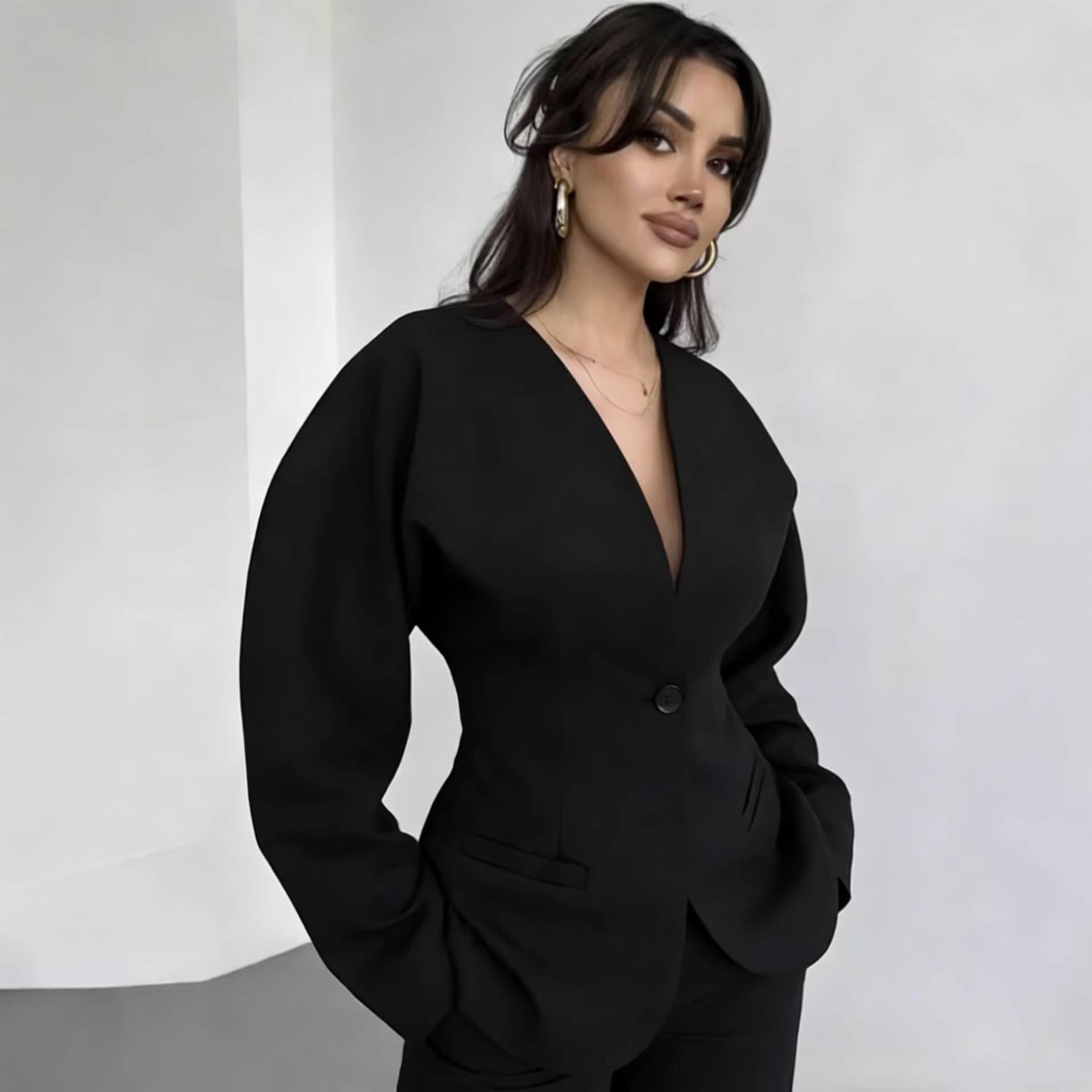 Women's Professional Blazer Pants Set Elegant V-Neck Long Sleeve Sculptural Puff Sleeve Slim Fit Polyester Two Piece Suit For Office Business Commuting Streetwear Women's Professional Blazer Pants Set Elegant V-Neck Long Sleeve Sculptural Puff Sleeve Slim Fit Polyester Two Piece Suit For Office Business Commuting Streetwear