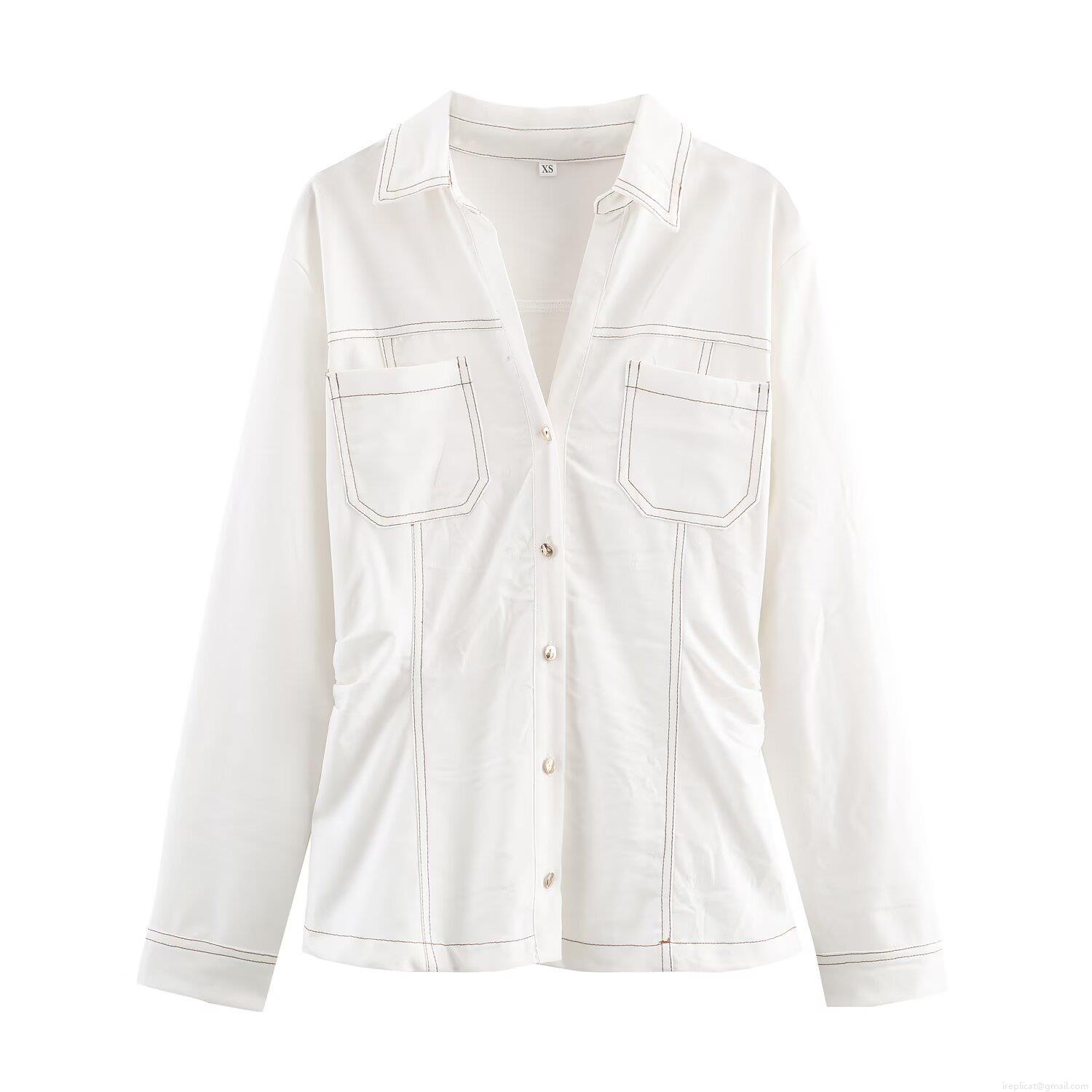 Women's Casual White Denim Long Sleeve Shirt And Flare Pants Set With Contrast Stitching Detail Two Piece Slim Fit Streetwear Outfits For Women Women's Casual White Denim Long Sleeve Shirt And Flare Pants Set With Contrast Stitching Detail Two Piece Slim Fit Streetwear Outfits For Women