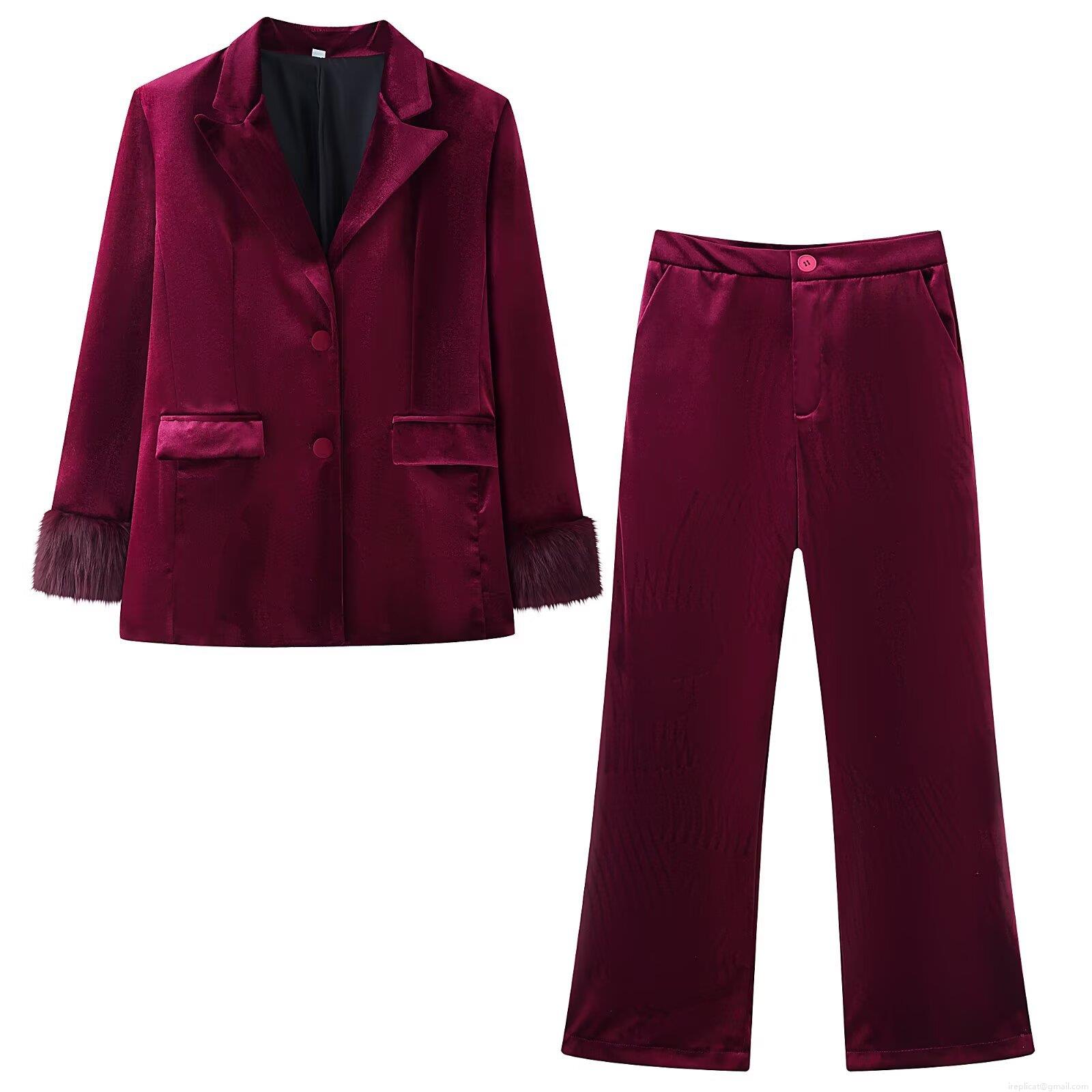 Women's Velvet Two Piece Blazer Suit Faux Fur Cuff Patchwork Long Sleeve Jacket High Waist Wide Leg Pants Set Burgundy Streetwear Party Office Elegant Outfit Women's Velvet Two Piece Blazer Suit Faux Fur Cuff Patchwork Long Sleeve Jacket High Waist Wide Leg Pants Set Burgundy Streetwear Party Office Elegant Outfit