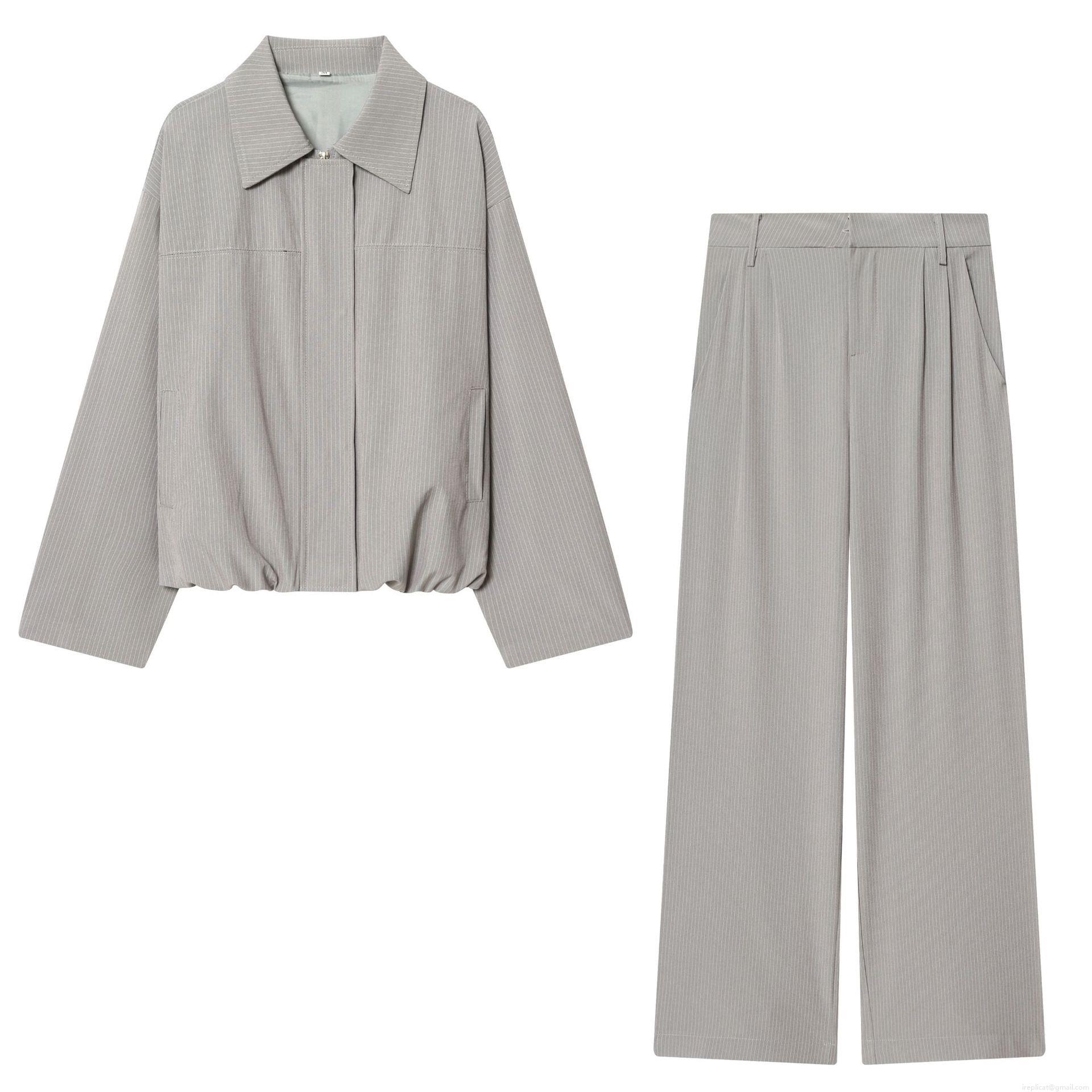 Women Pinstripe Casual Jacket And High Waist Wide Leg Pants Two Piece Set Polyester Long Sleeve Zipper Top And Loose Trousers Outfits For Ladies Streetwear Women Pinstripe Casual Jacket And High Waist Wide Leg Pants Two Piece Set Polyester Long Sleeve Zipper Top And Loose Trousers Outfits For Ladies Streetwear