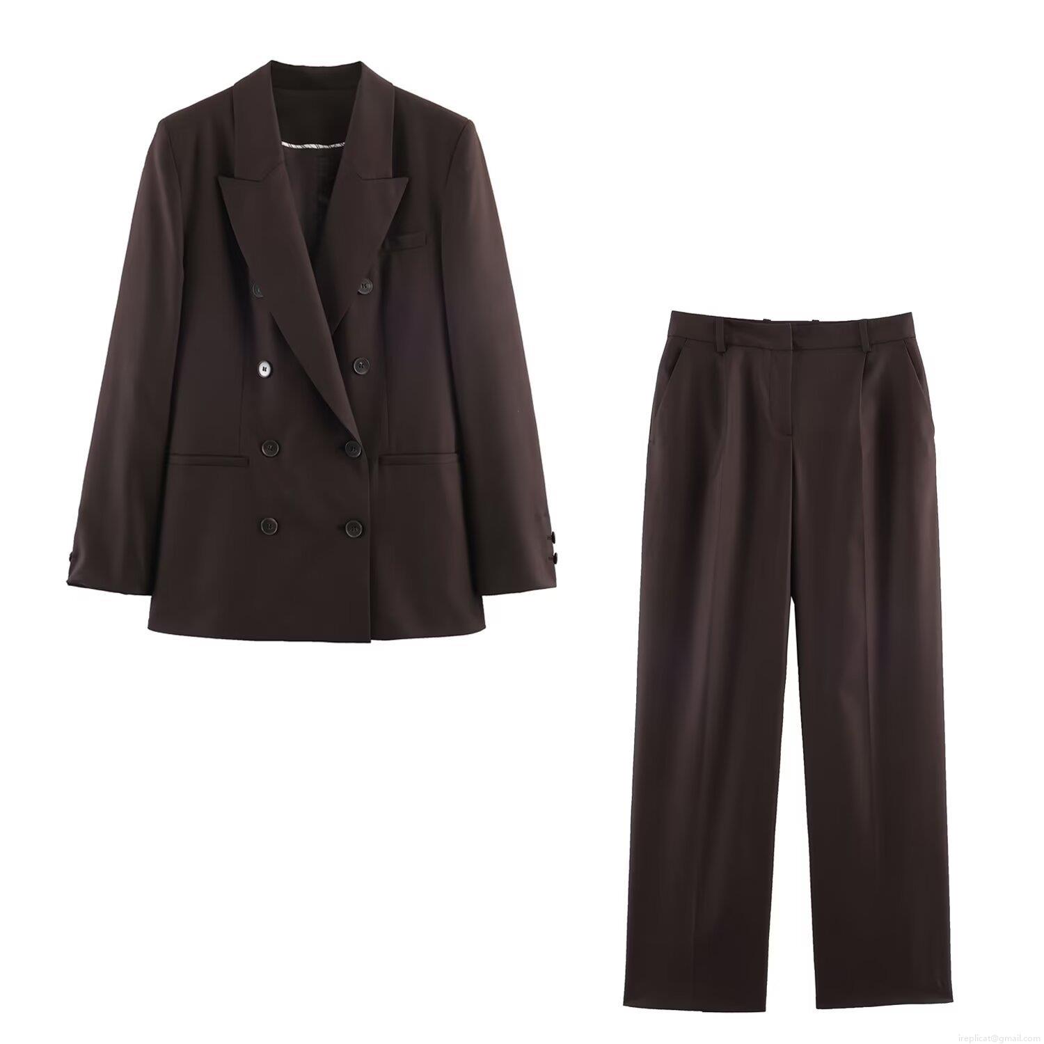 Women's Double Breasted Blazer and Straight Leg Pants Set Two Piece Professional Suit with Shoulder Pads Dark Brown Solid Color Fashion Streetwear Commuter Trousers Suit