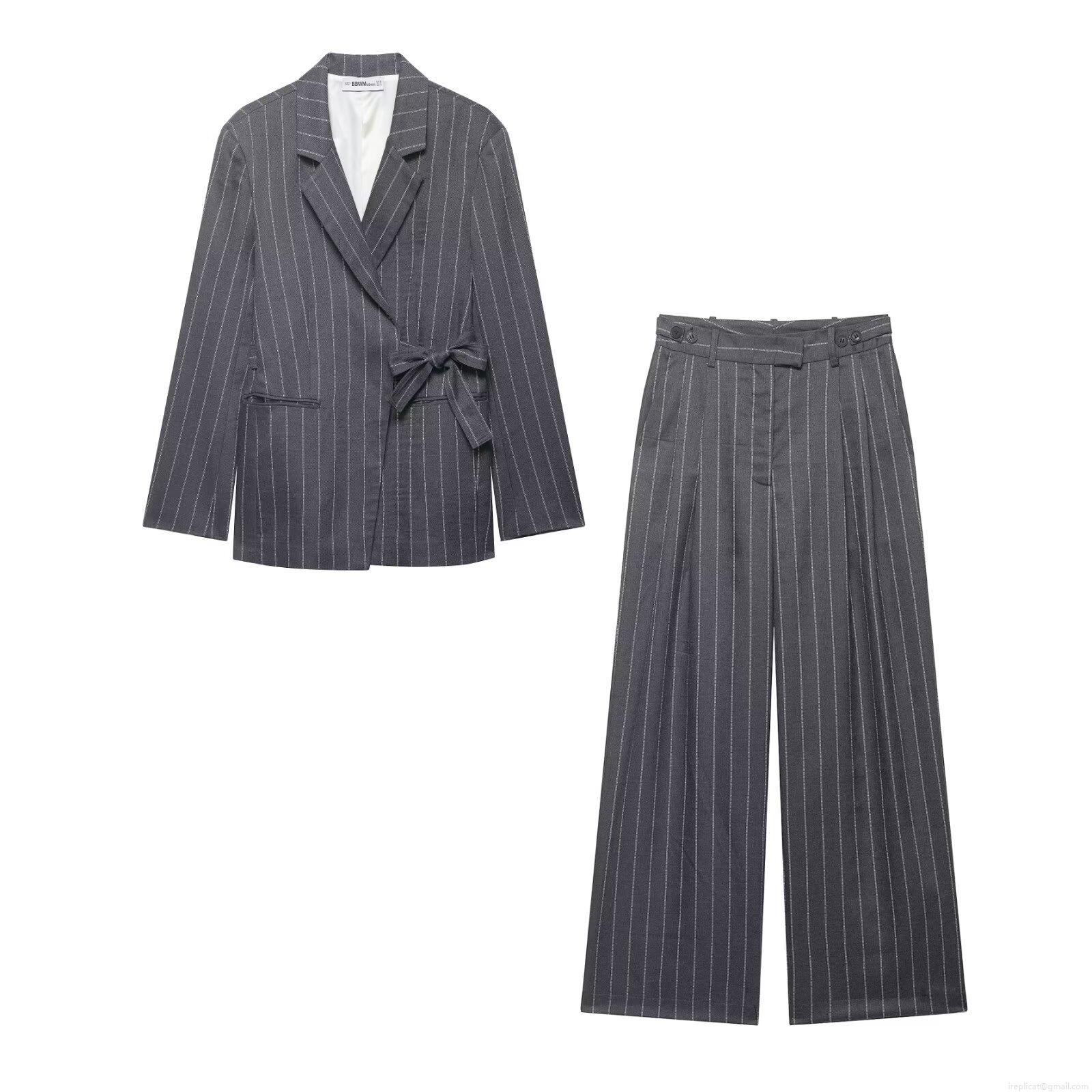 Women's Grey Pinstripe Suit Set Polyester Long Sleeve Belted Blazer And Wide Leg Trousers Two Piece Fashion Casual Office Outfit For Ladies Women's Grey Pinstripe Suit Set Polyester Long Sleeve Belted Blazer And Wide Leg Trousers Two Piece Fashion Casual Office Outfit For Ladies