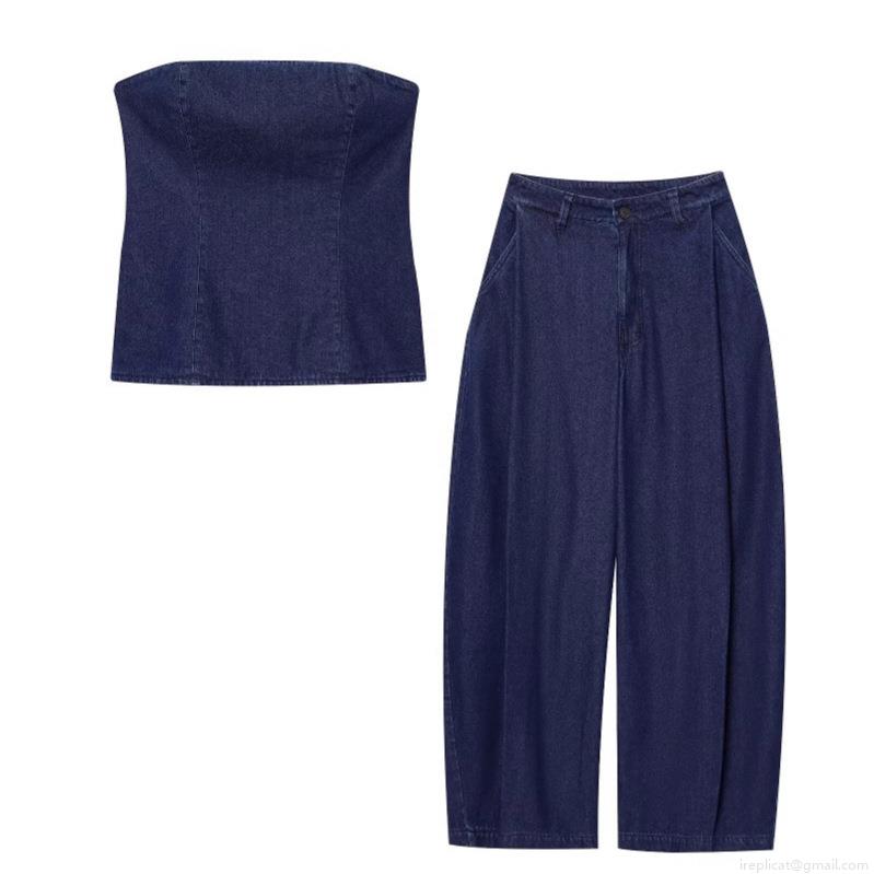 Women's Denim Two Piece Set Strapless Tube Top And High Waist Wide Leg Long Pants Streetwear Casual Washed Navy Blue Fashion Outfit For Women Women's Denim Two Piece Set Strapless Tube Top And High Waist Wide Leg Long Pants Streetwear Casual Washed Navy Blue Fashion Outfit For Women