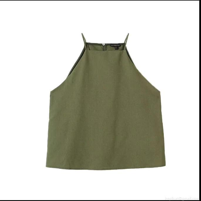 Women\'s Casual Linen Blend Two Piece Set Halter Neck Sleeveless Top And Wide Leg Pants Solid Color Summer Vacation Beach Outfits