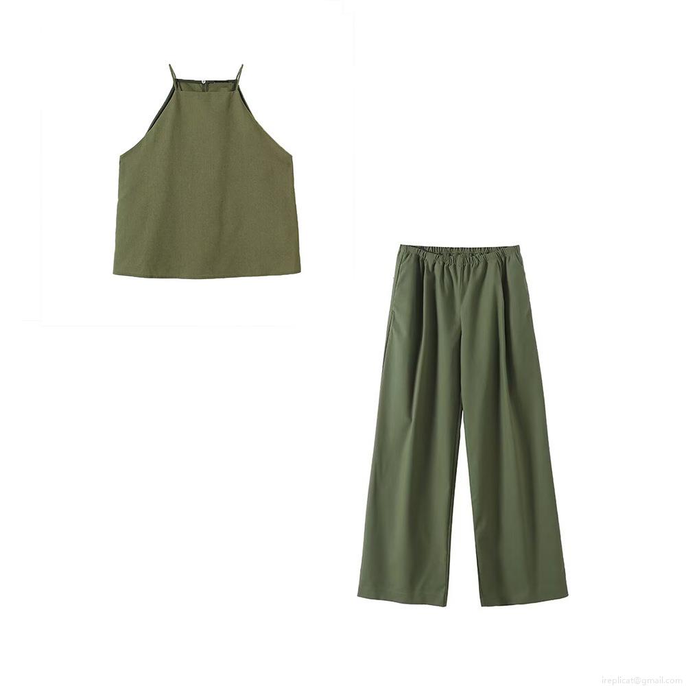 Women\'s Casual Linen Blend Two Piece Set Halter Neck Sleeveless Top And Wide Leg Pants Solid Color Summer Vacation Beach Outfits