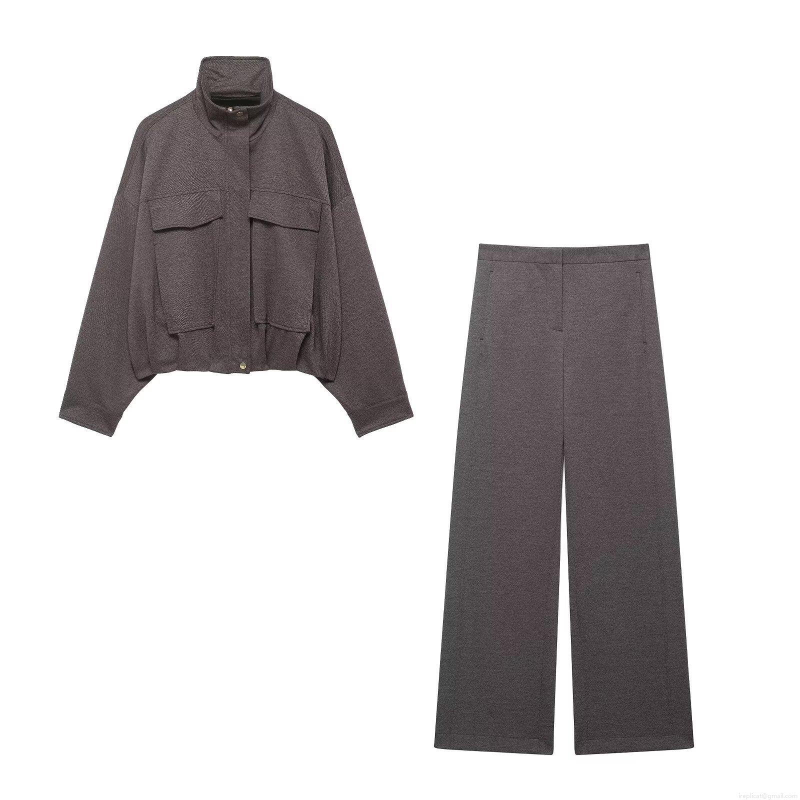 Women's 2 Piece Casual Set Streetwear Stand Collar Bomber Jacket With High Waist Straight Leg Trousers 100% Polyester Woven Outfits Solid Color Fall Spring Fashion Jackets And Pants Women's 2 Piece Casual Set Streetwear Stand Collar Bomber Jacket With High Waist Straight Leg Trousers 100% Polyester Woven Outfits Solid Color Fall Spring Fashion Jackets And Pants